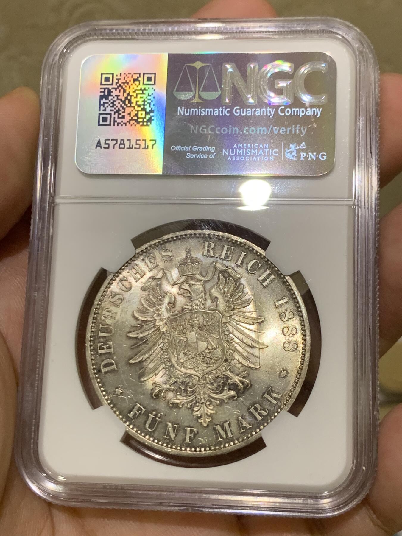 《竞宝斋》第418场 周日，周一，2场连拍 （全场包邮） NGC MS64 德国 1888 A 普鲁士 弗里德里希三世 5马克 包浆很舒服 弗三上63常见，64分不易
