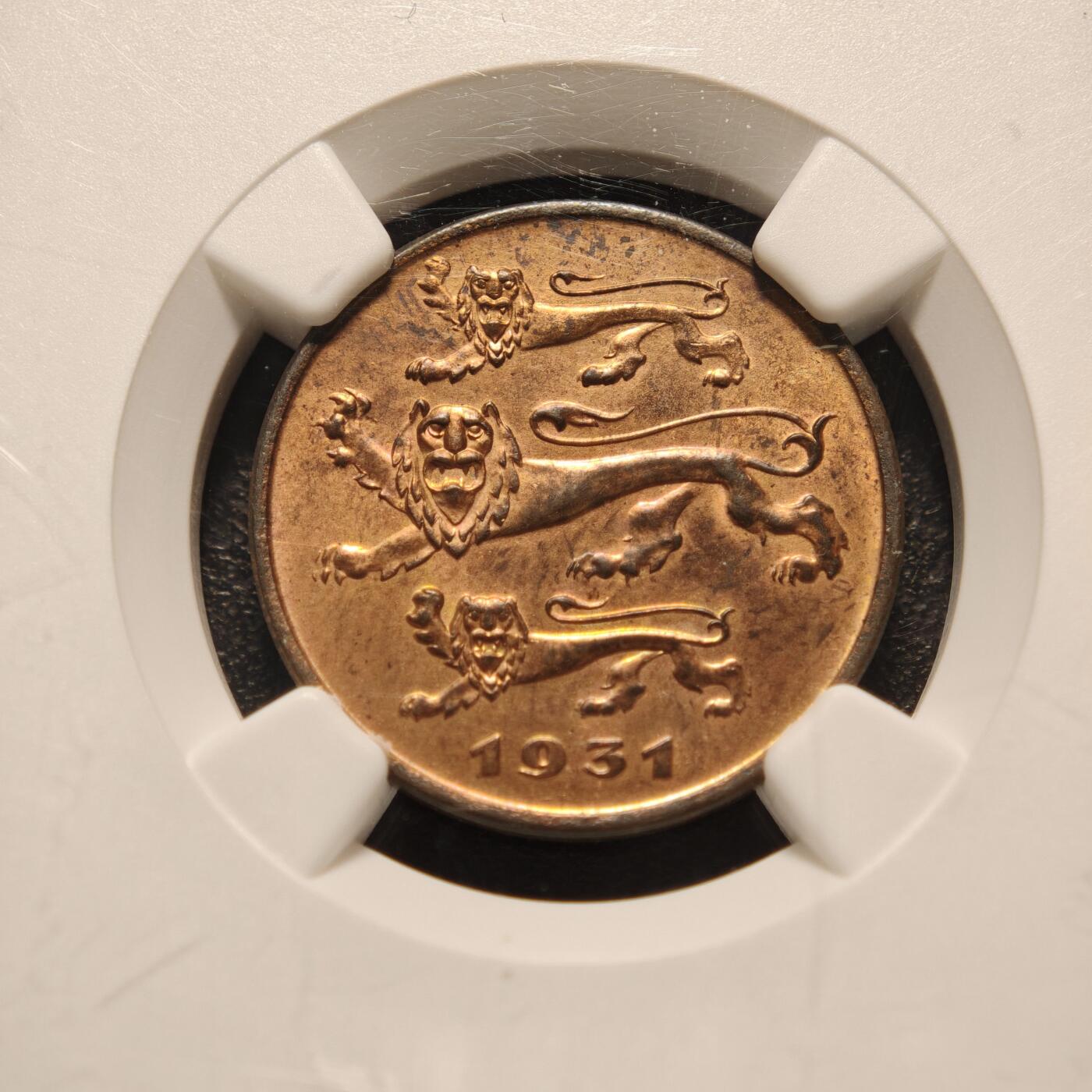 【德藏】世界币章拍卖第146期（拍品征集中~欢迎藏友联系） 1931年 爱沙尼亚5分铜币 NGC MS62RB 图案立体
