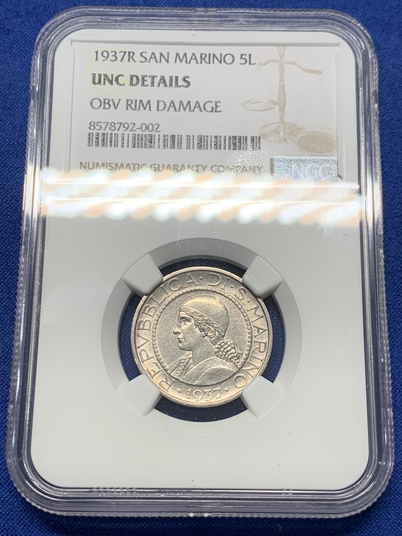 《竞宝斋》第418场 周日，周一，2场连拍 （全场包邮） NGC UNC 1937年圣马力诺5里拉银币