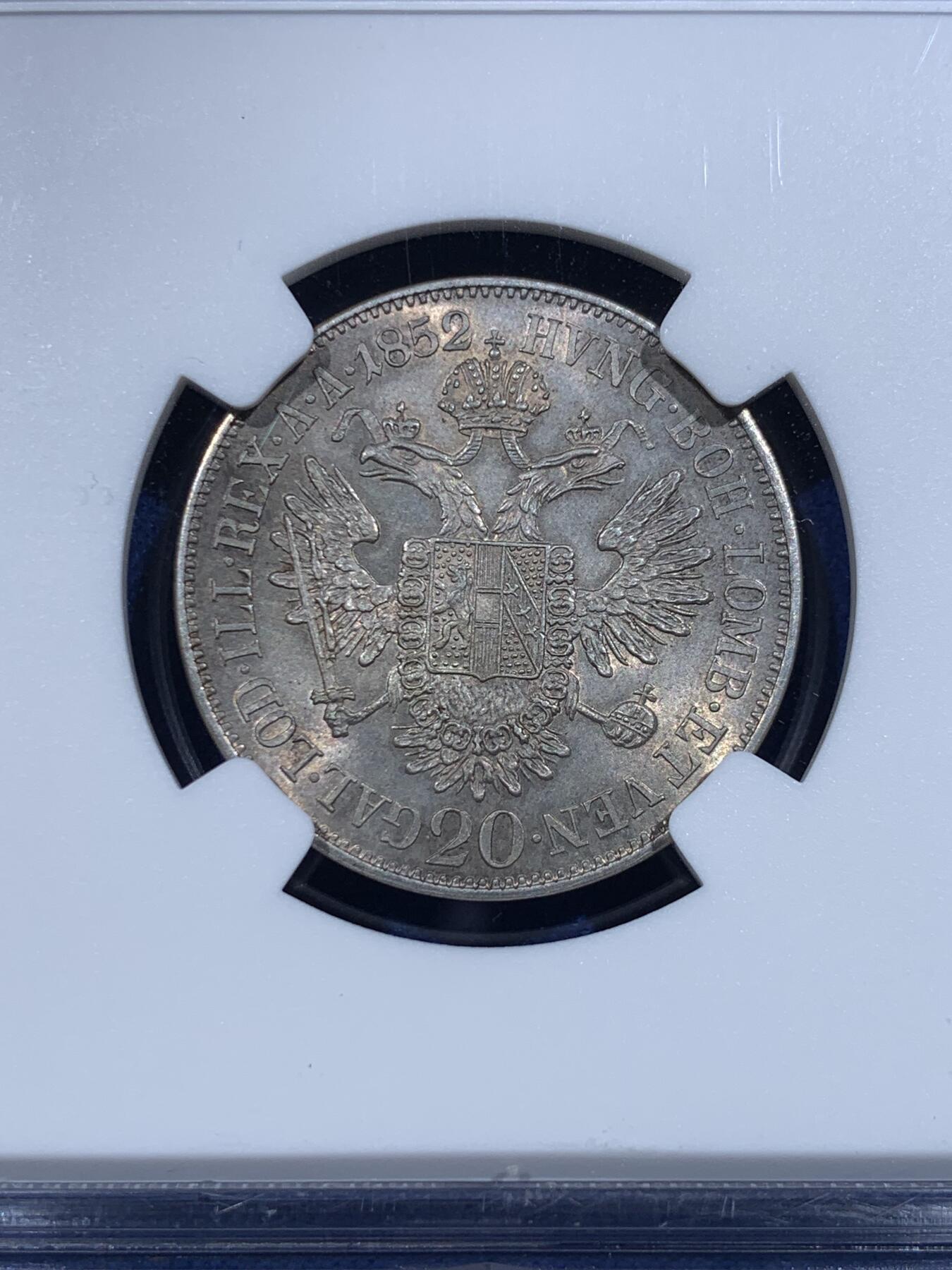 《竞宝斋》第418场 周日，周一，2场连拍 （全场包邮） NGC MS65 奥地利 1852年 20克鲁泽银币 左相单年版 近乎完美的状态 给分感觉还是不够大胆 今年5月欧拍 XF-AU的裸币4000多成交 C版的裸币昆克去年1万多成交 这个状态一枚便是所有