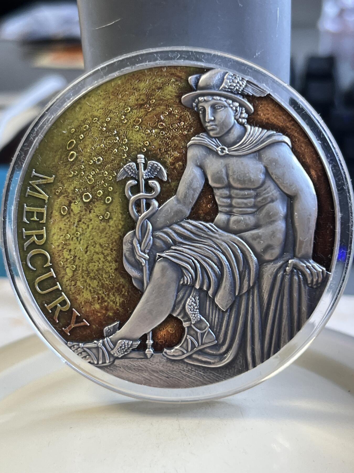 第175期拍卖【长期征集拍品】 喀麦隆2019年行星之神系列1水星墨丘利3盎司彩银币，999银，发行500枚