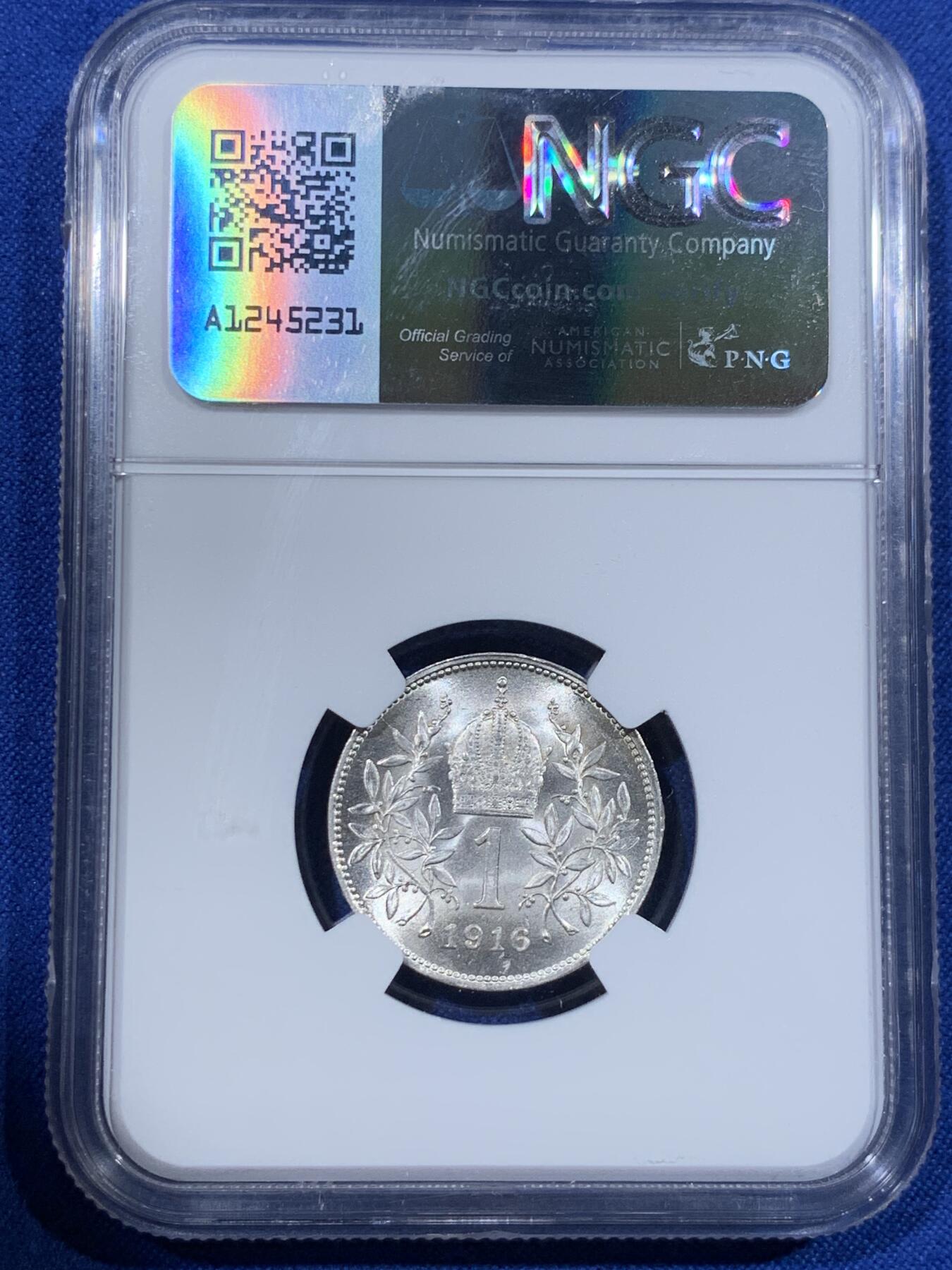 《竞宝斋》第418场 周日，周一，2场连拍 （全场包邮） NGC MS63 奥地利1916年1克朗银币