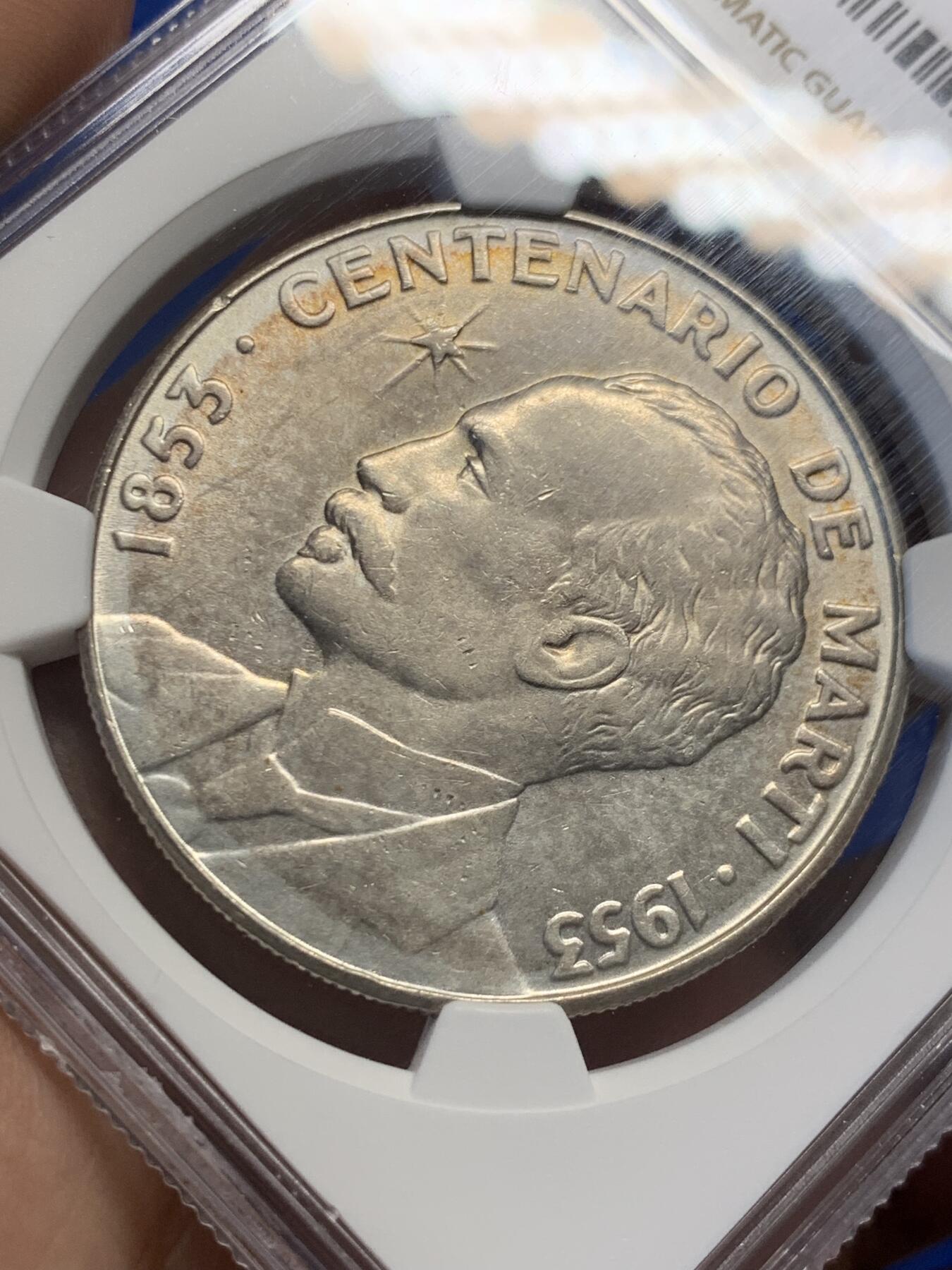 《竞宝斋》第418场 周日，周一，2场连拍 （全场包邮） NGC AUD 古巴 1953年 何塞马丁百年纪念 1比索大银币