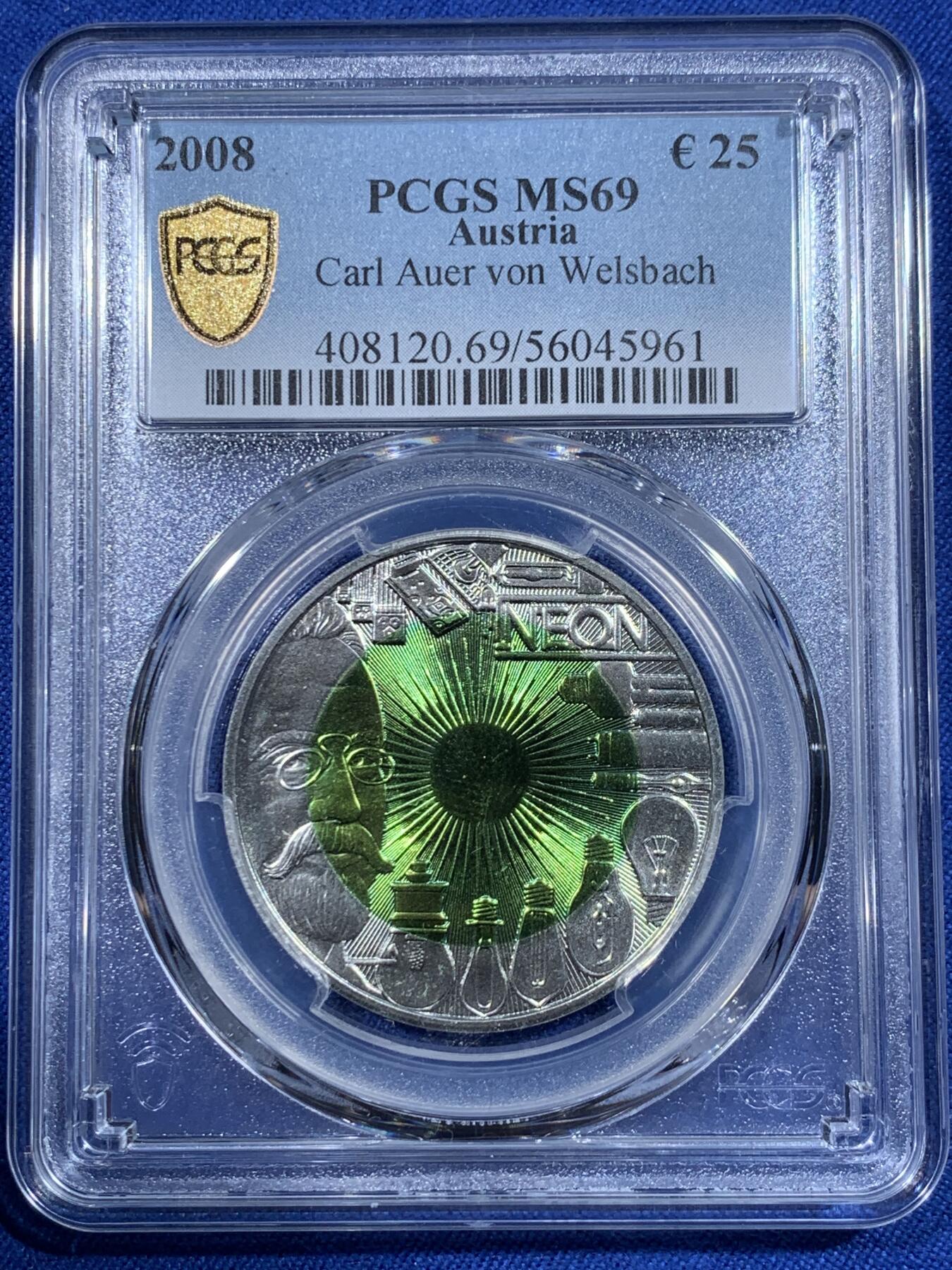 《竞宝斋》第418场 周日，周一，2场连拍 （全场包邮） PCGS MS69 奥地利2008年卡尔·奥尔·冯·韦尔斯巴赫诞辰150周年双金属币 中心铌 环900银 16.5克 34毫米