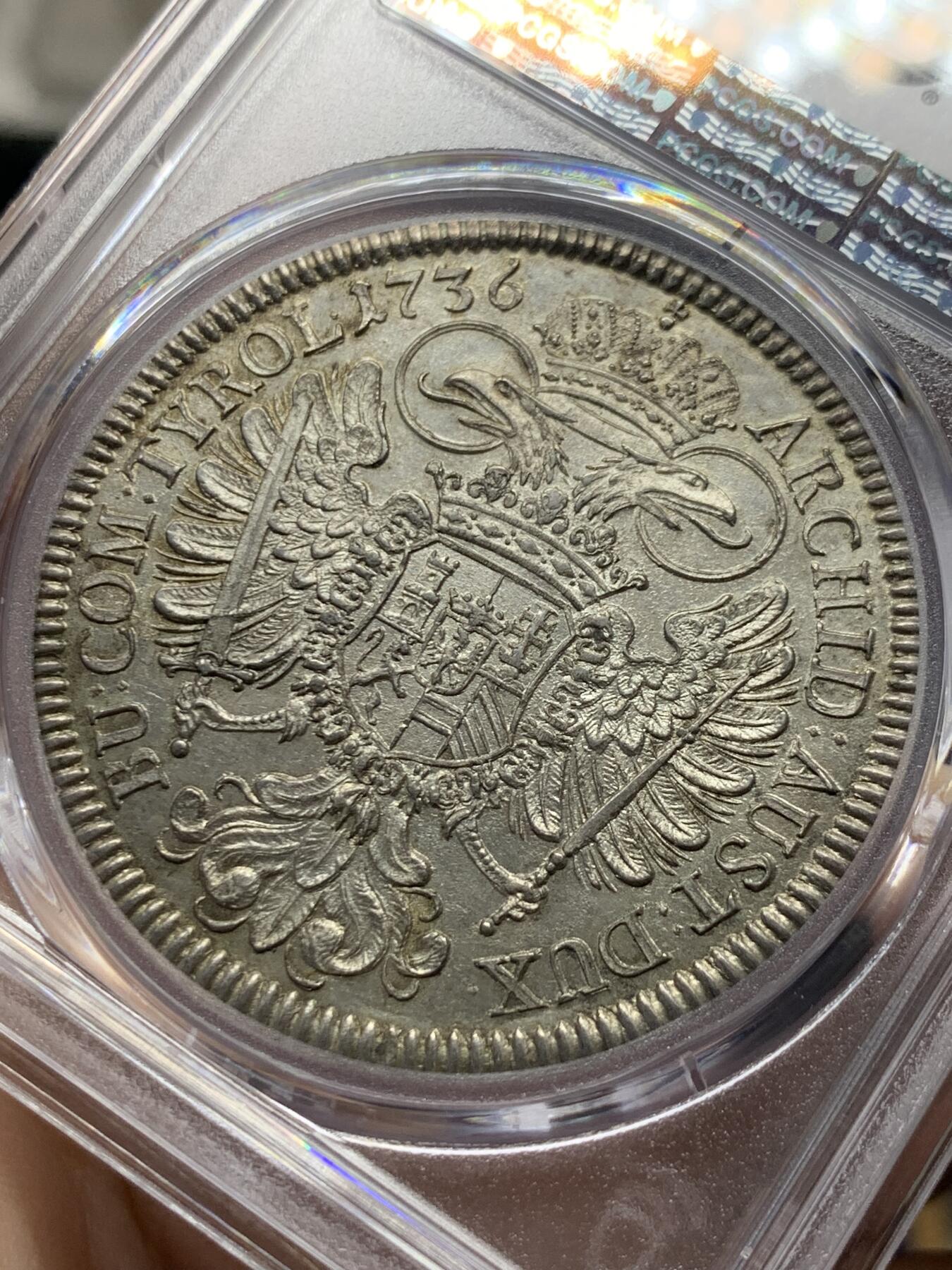 《竞宝斋》第418场 周日，周一，2场连拍 （全场包邮） PCGS MS61 神圣罗马帝国-奥地利1736年卡尔六世1泰勒大银币 深打光亮 确实有低评了 状态见图
