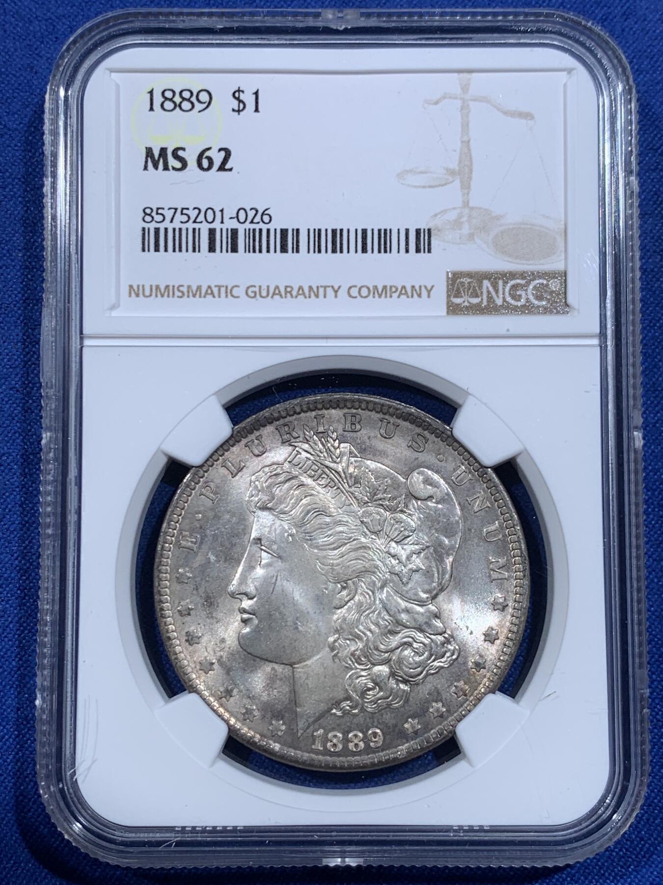 《竞宝斋》第418场 周日，周一，2场连拍 （全场包邮） NGC MS62 美国1889年摩根1美元银币 经典美国品种 稳定升值 抗通胀利器