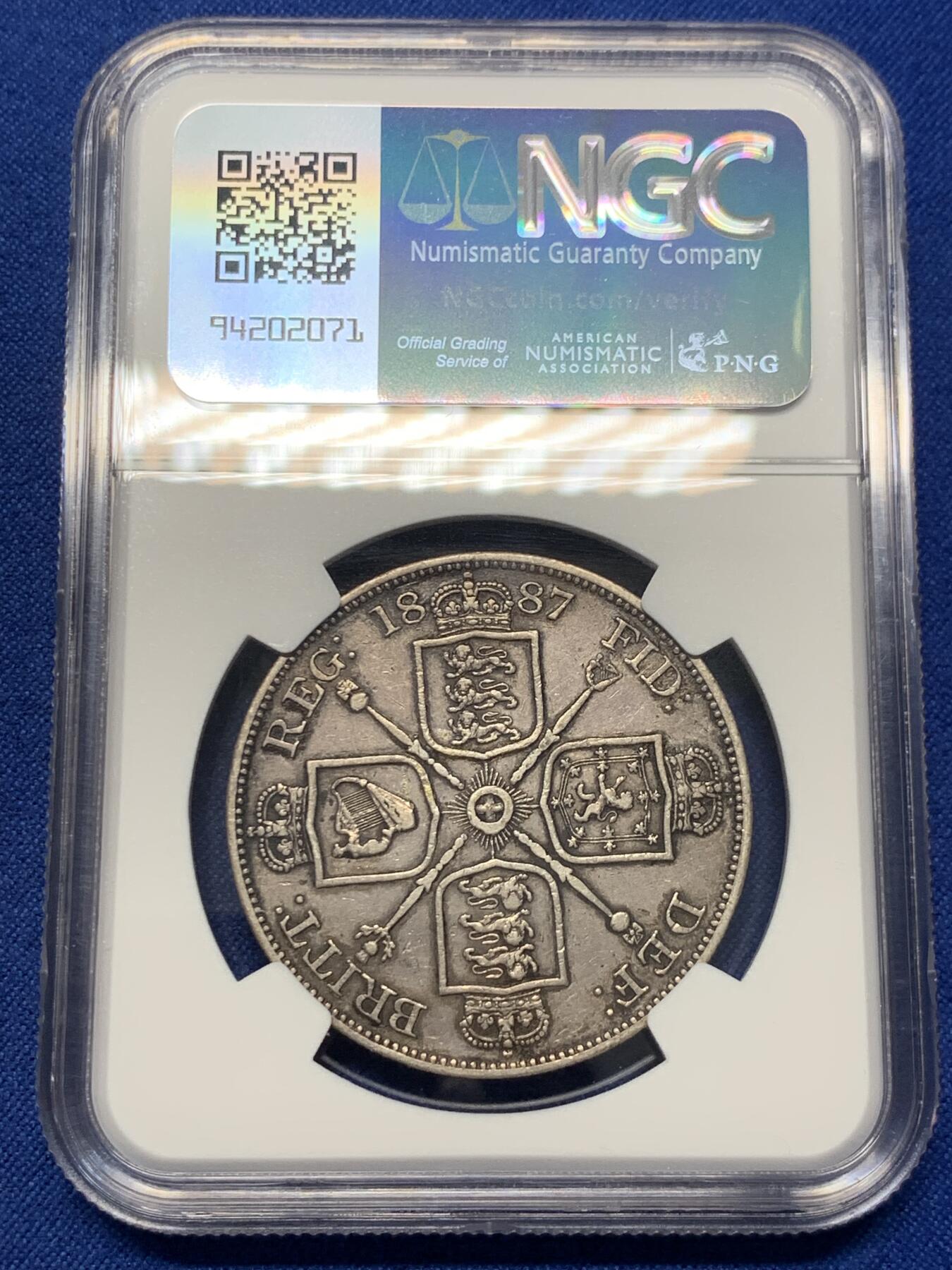 《竞宝斋》第418场 周日，周一，2场连拍 （全场包邮） NGC XFD 英国1887年维多利亚高冠双弗洛林4S银币