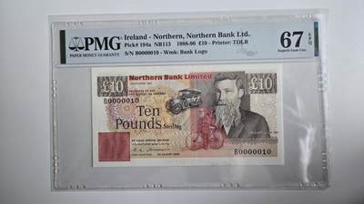 外币专场 - 北爱尔兰10英镑 pmg67 开门10号 二进制 倒置号 约翰·博伊德·邓禄普1988