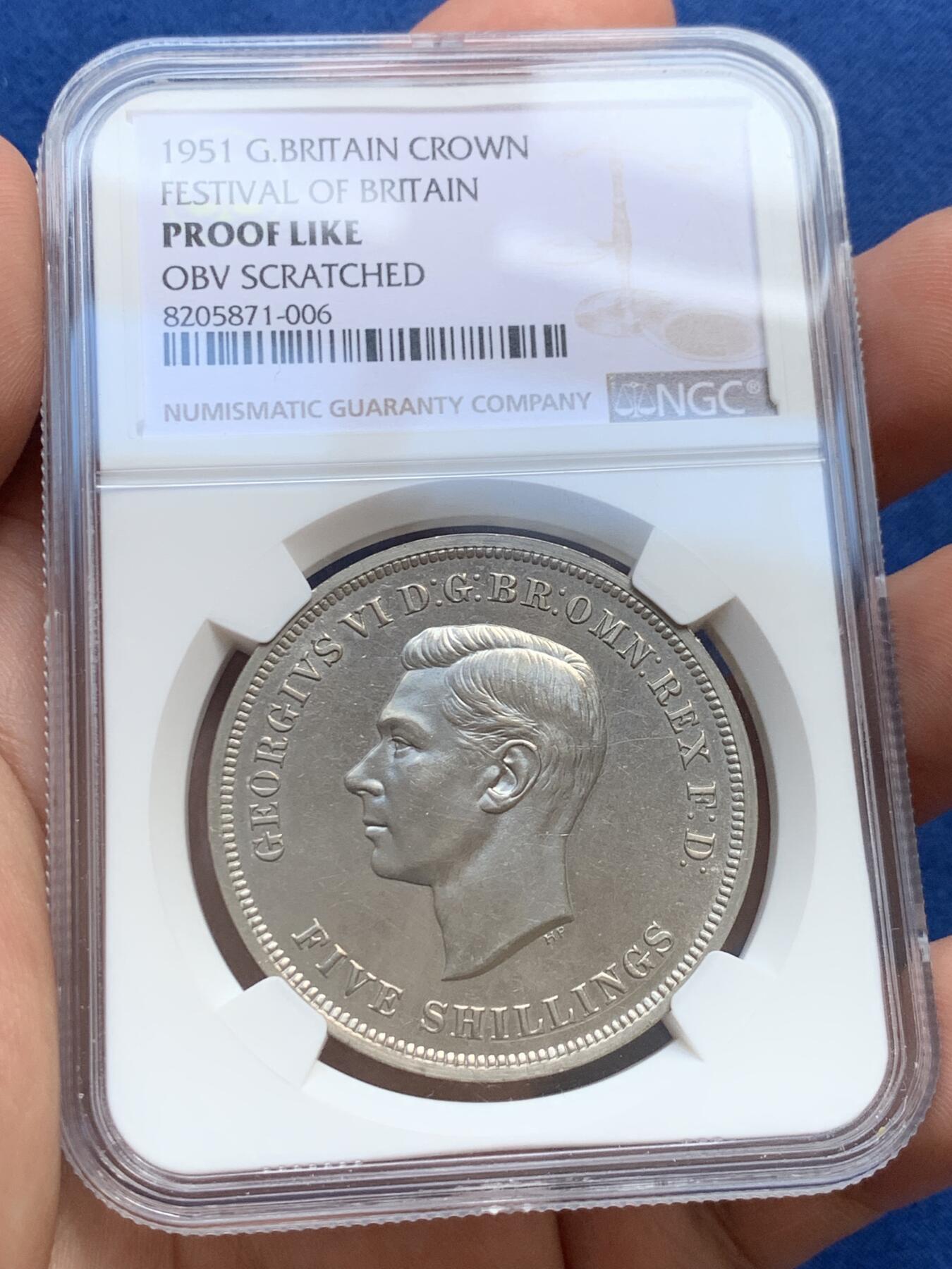 《竞宝斋》第418场 周日，周一，2场连拍 （全场包邮） NGC Prooflike 英国1951年乔治六世镍马剑克朗