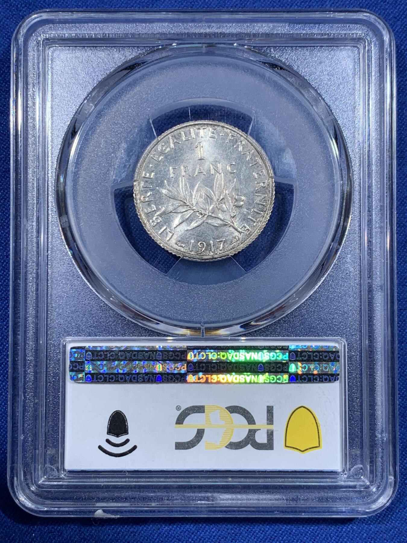 《竞宝斋》第418场 周日，周一，2场连拍 （全场包邮） PCGS MS63 法国1917年播种女神1法郎银币