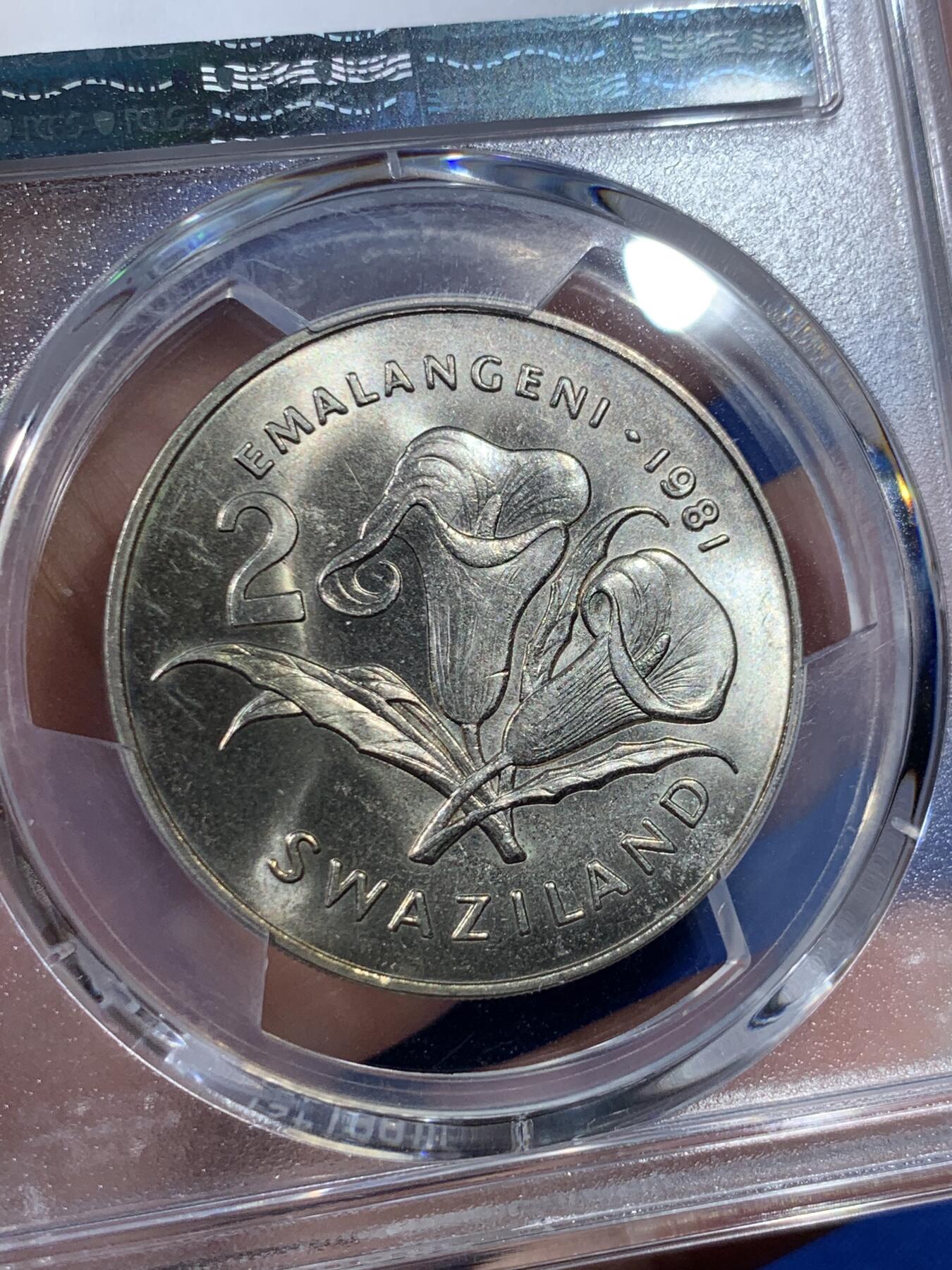 《竞宝斋》第418场 周日，周一，2场连拍 （全场包邮） PCGS MS66 斯威士兰1981年2里兰吉尼纪念币 发行量仅5万 少见！亚军分 更高分只有一枚