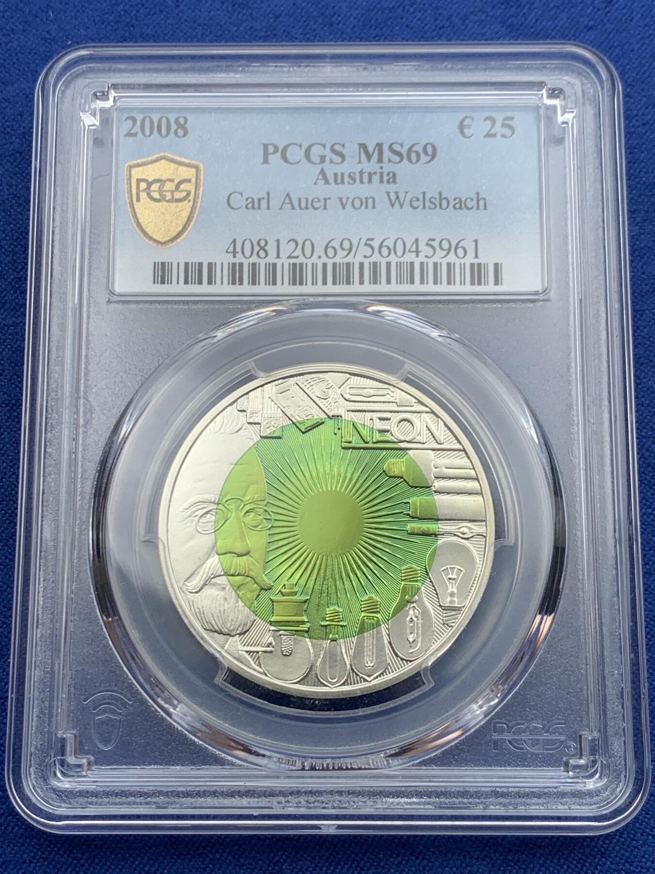 《竞宝斋》第418场 周日，周一，2场连拍 （全场包邮） PCGS MS69 奥地利2008年卡尔·奥尔·冯·韦尔斯巴赫诞辰150周年双金属币 中心铌 环900银 16.5克 34毫米