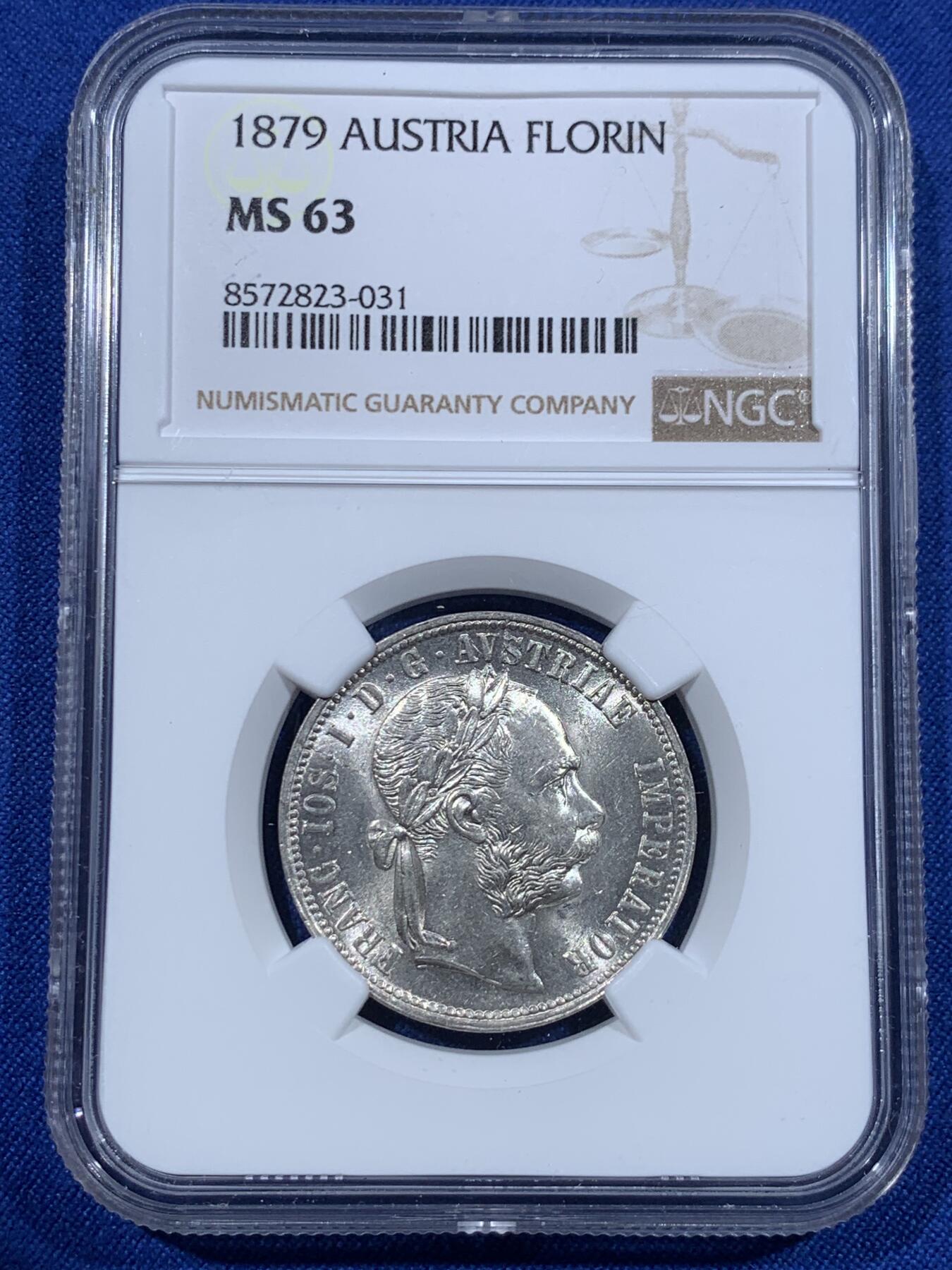 《竞宝斋》第418场 周日，周一，2场连拍 （全场包邮） NGC MS63 奥地利1879年1弗洛林银币
