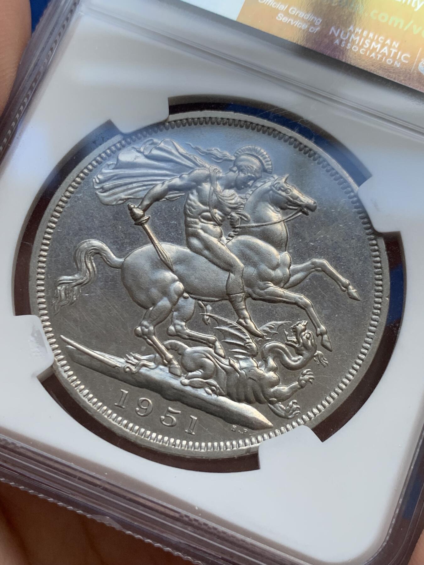 《竞宝斋》第418场 周日，周一，2场连拍 （全场包邮） NGC Prooflike 英国1951年乔治六世镍马剑克朗