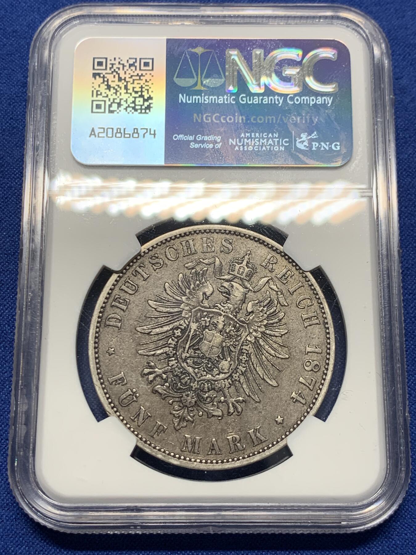 《竞宝斋》第418场 周日，周一，2场连拍 （全场包邮） NGC XF45 德国 1874 A 普鲁士 威廉一世 5马克 原味包浆 看着很舒服
