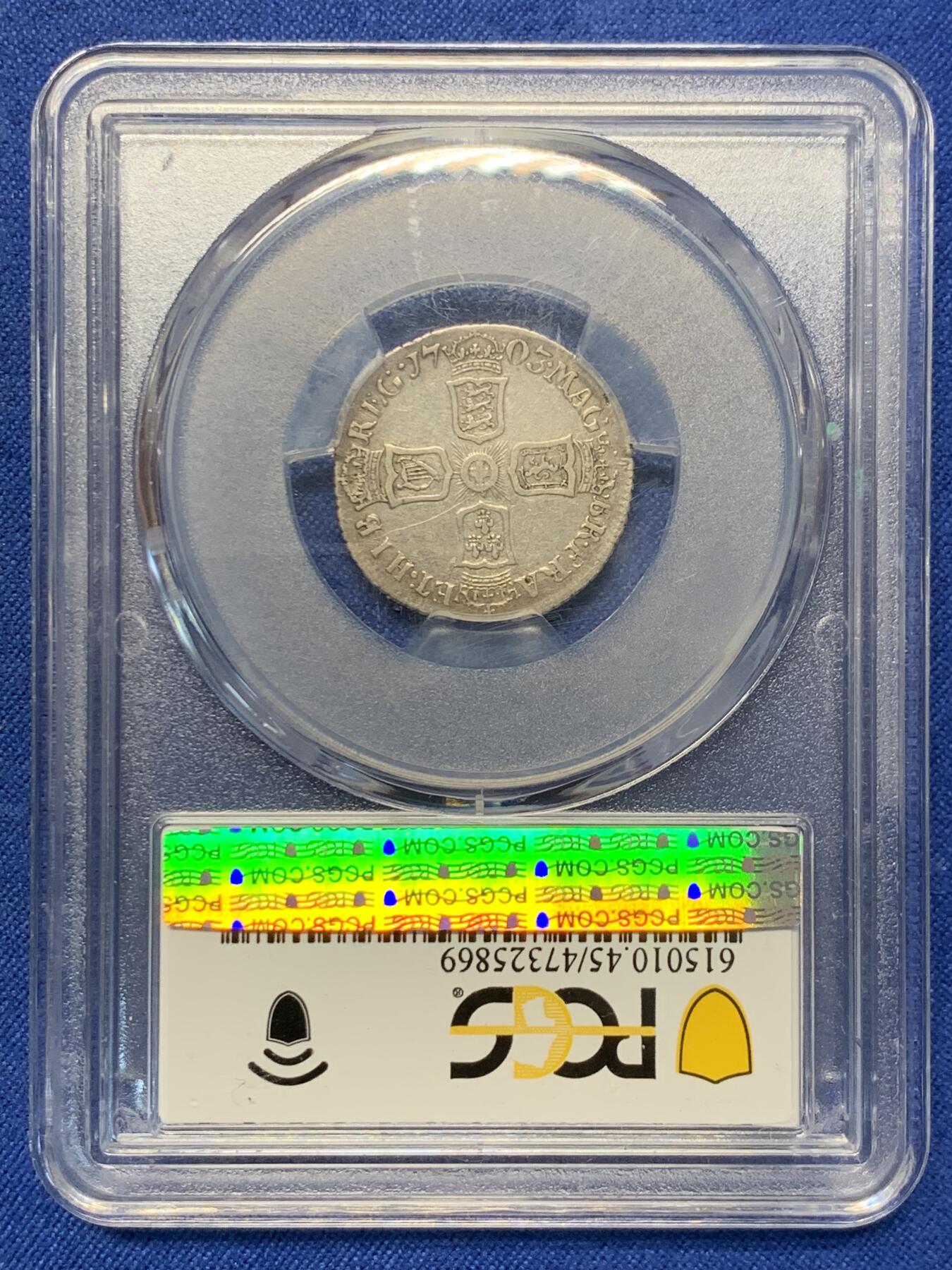 《竞宝斋》第418场 周日，周一，2场连拍 （全场包邮） PCGS XF45 英国1703安妮女王vigo六便士。英系钱币大名誉品，外拍裸币都几百英镑，F.Martin旧藏，PCGS专属封装盒。