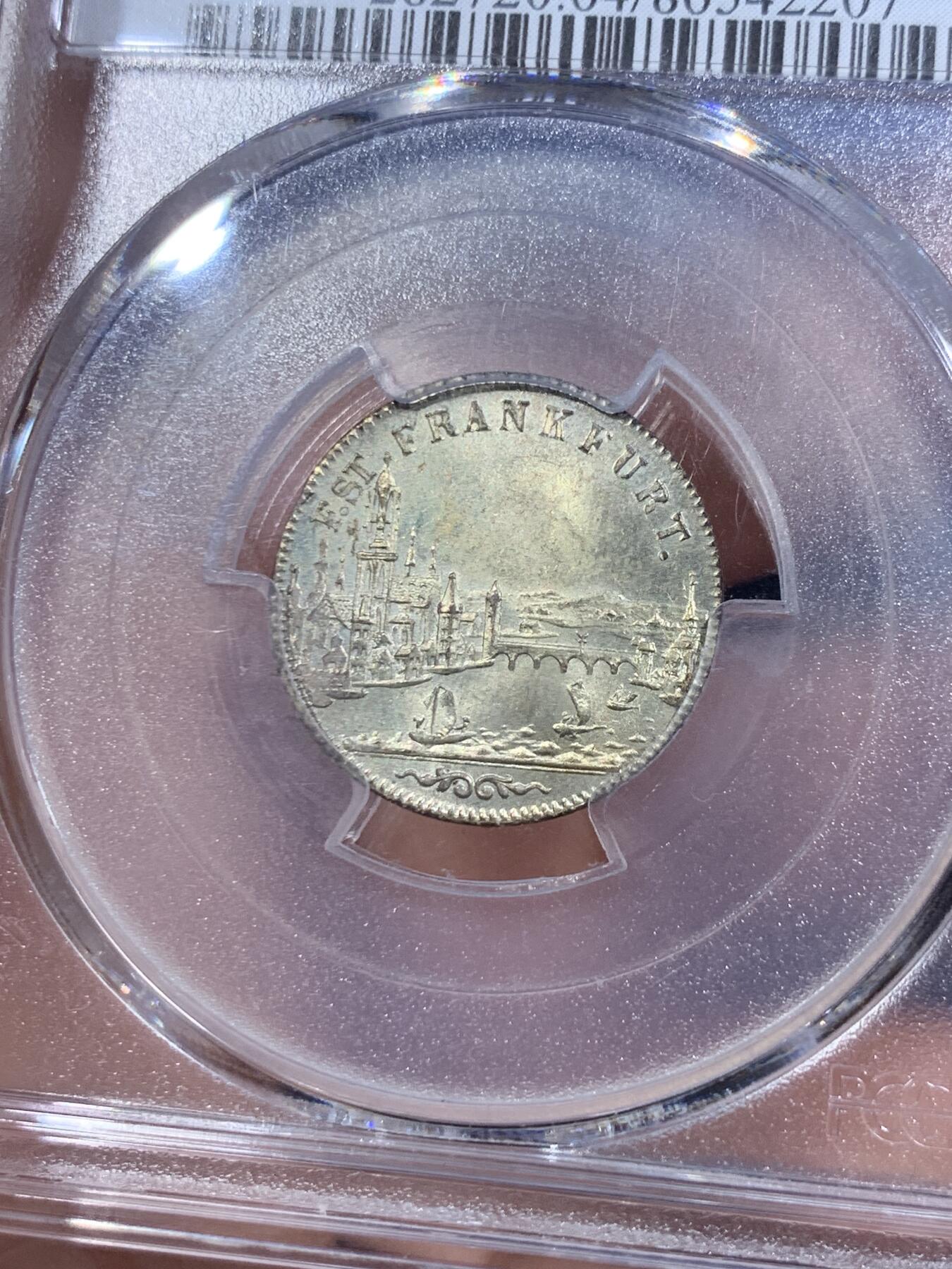 《竞宝斋》第419场 周日，周一，2场连拍 （全场包邮） PCGS MS64 德国 1853年 法兰克福6克鲁泽景观银币 币面非常漂亮