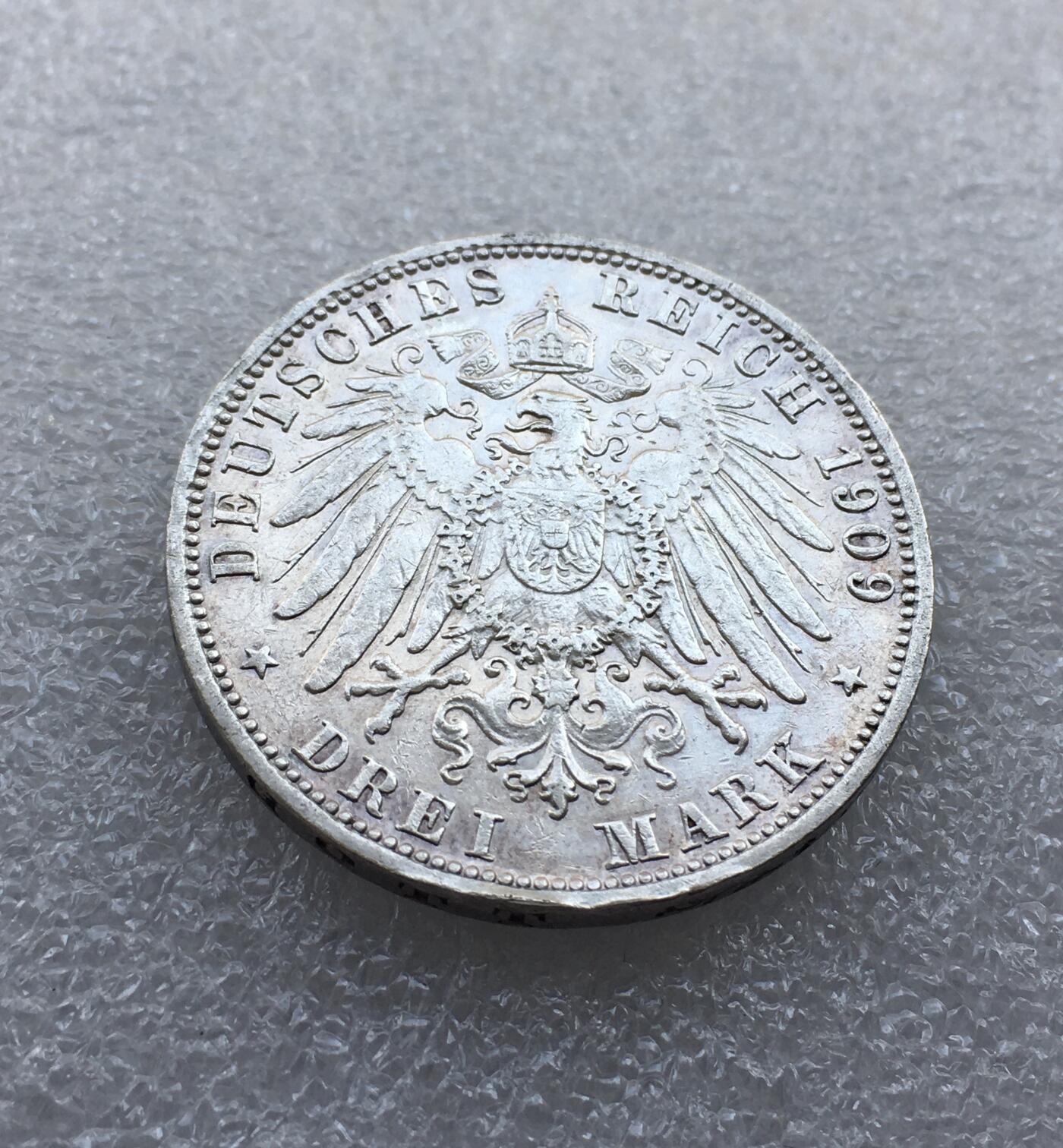 世界钱币专场拍卖 1909年德国巴登弗里德里希长翅3马克银币
