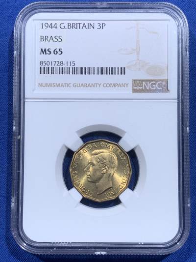 《竞宝斋》第419场 周日，周一，2场连拍 （全场包邮） - NGC MS65 英国1944年黄铜十二边形3便士，卷拆曝光，少见高分