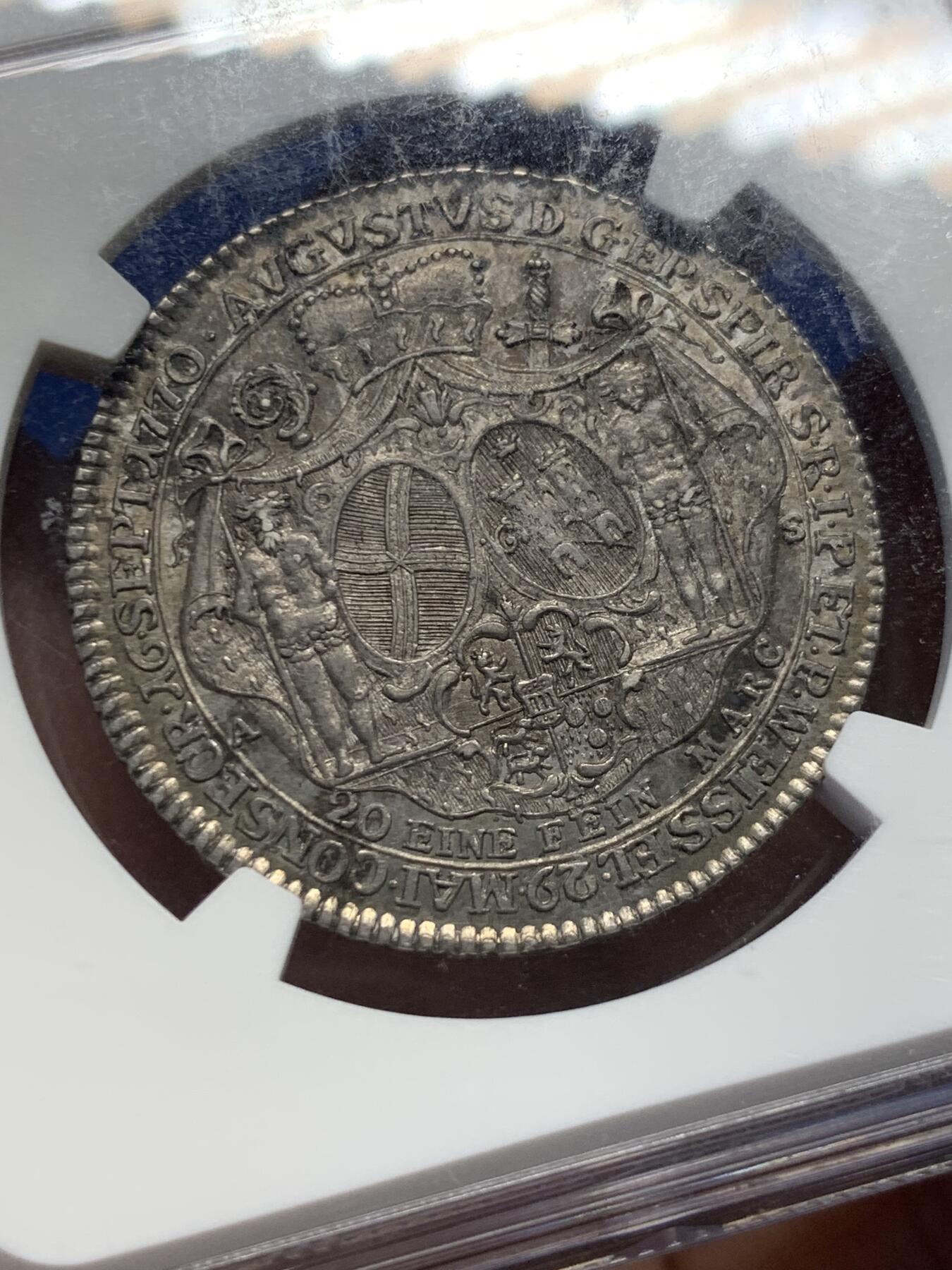 《竞宝斋》第419场 周日，周一，2场连拍 （全场包邮） NGC MS61 德国1770年施佩尔主教区雅典娜与天使1/2泰勒一年型，压铸细节出色，巴洛克风格泰勒，发行量仅5000枚
