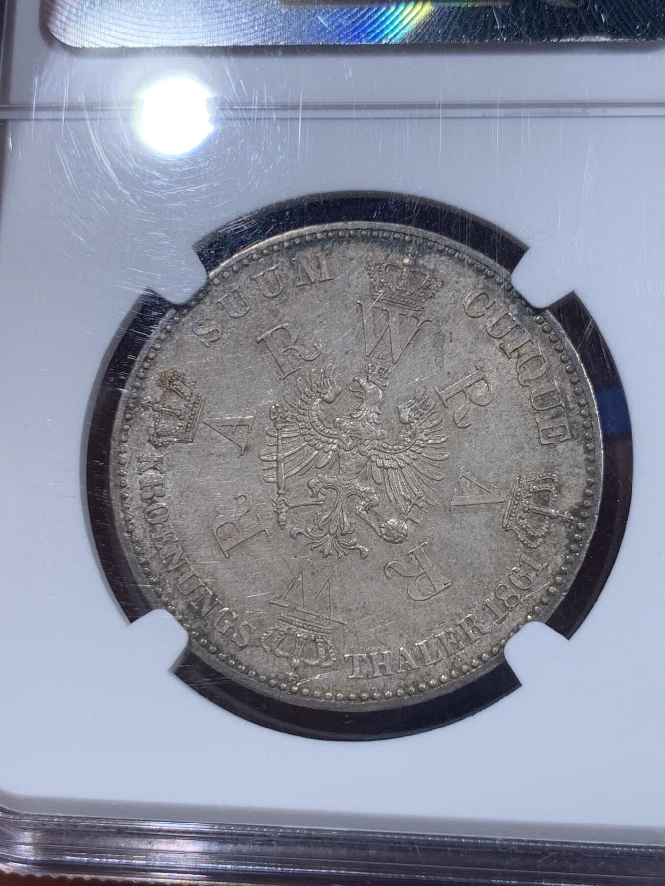 《竞宝斋》第419场 周日，周一，2场连拍 （全场包邮） NGC MS63 德国1861年普鲁士毛衣泰勒银币 状态极美