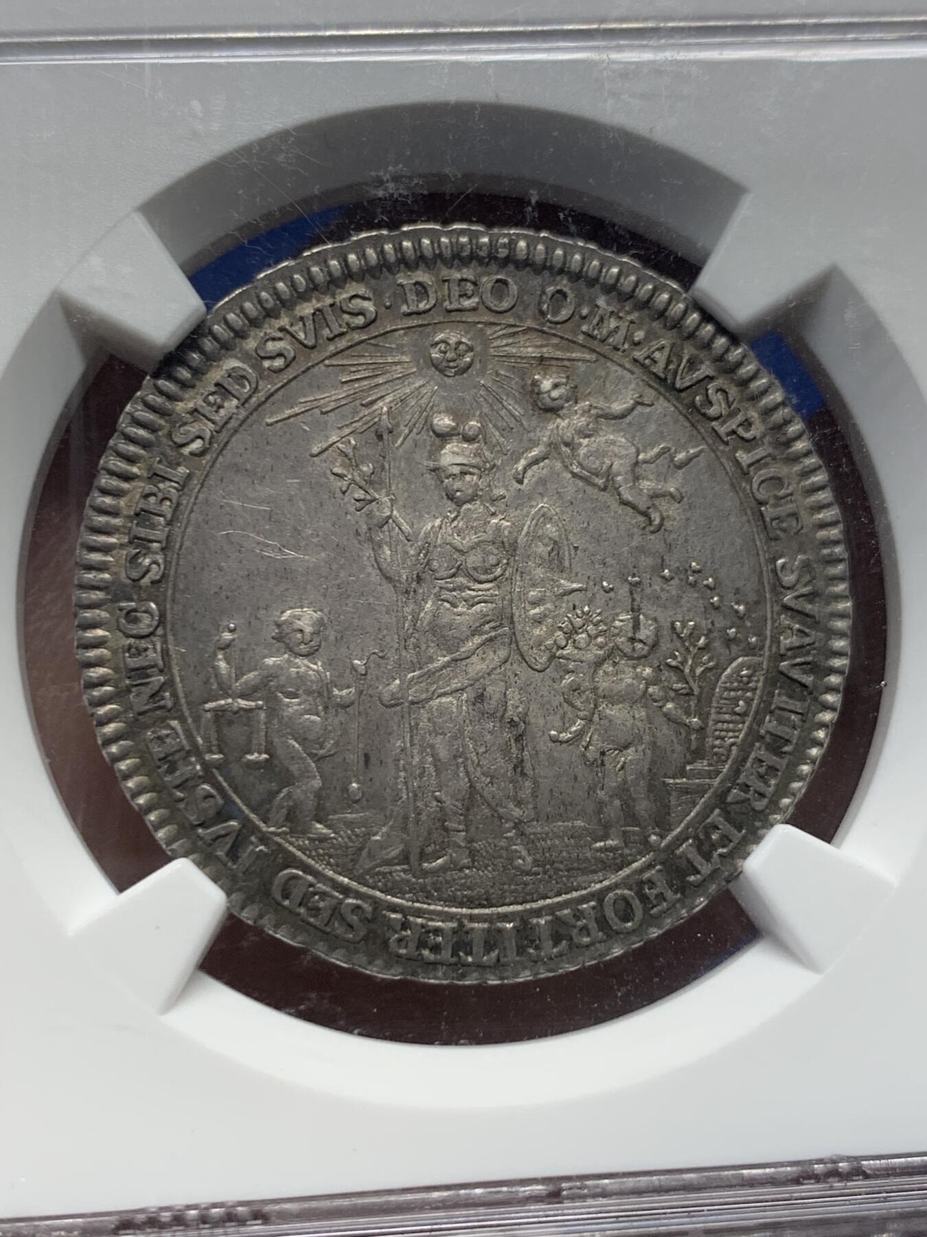 《竞宝斋》第419场 周日，周一，2场连拍 （全场包邮） NGC MS61 德国1770年施佩尔主教区雅典娜与天使1/2泰勒一年型，压铸细节出色，巴洛克风格泰勒，发行量仅5000枚