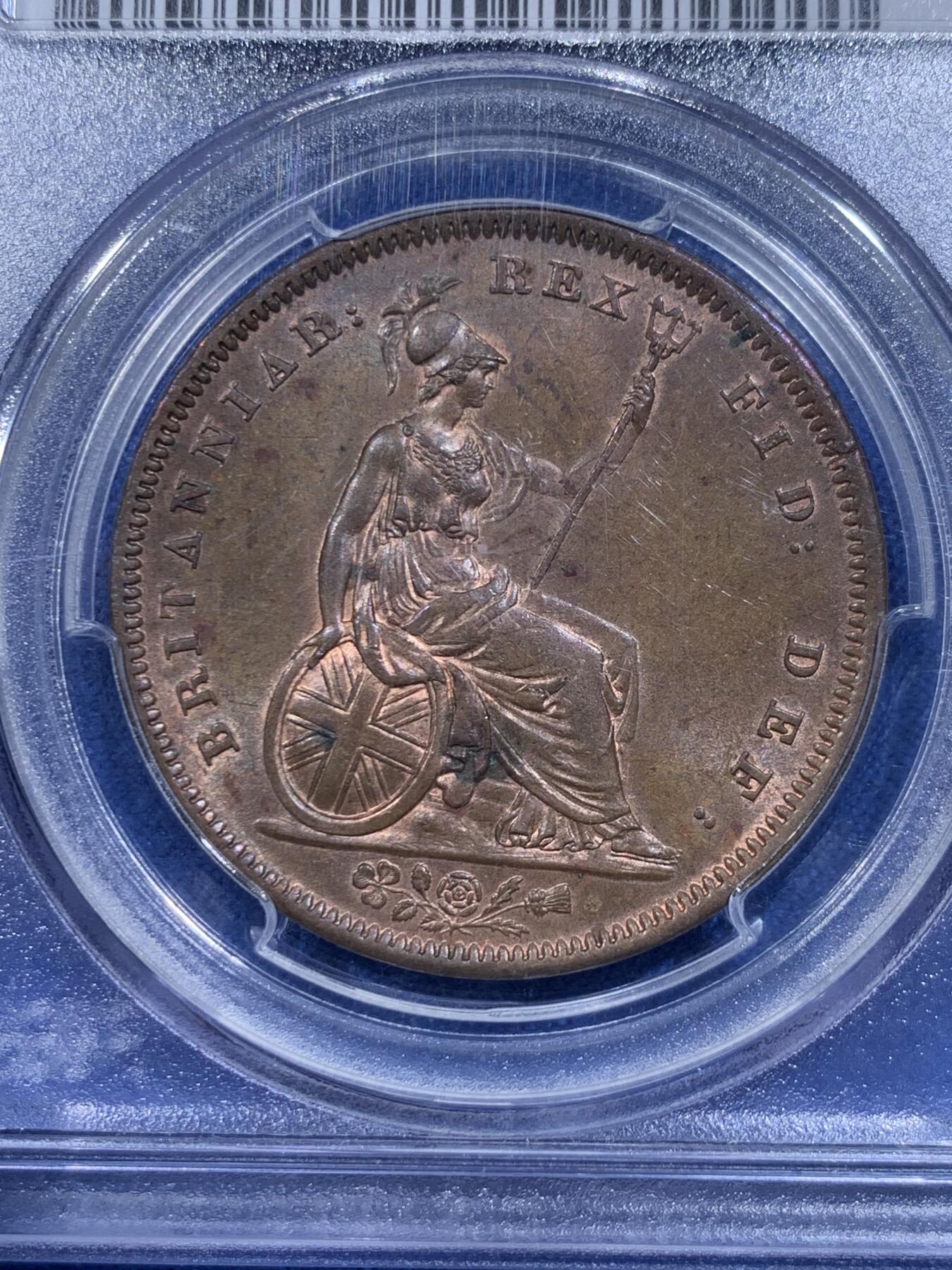 《竞宝斋》第419场 周日，周一，2场连拍 （全场包邮） PCGS MS62BN 英国 1826年 乔治四世 便士大铜币 早期大铜币保存不易 上MS少