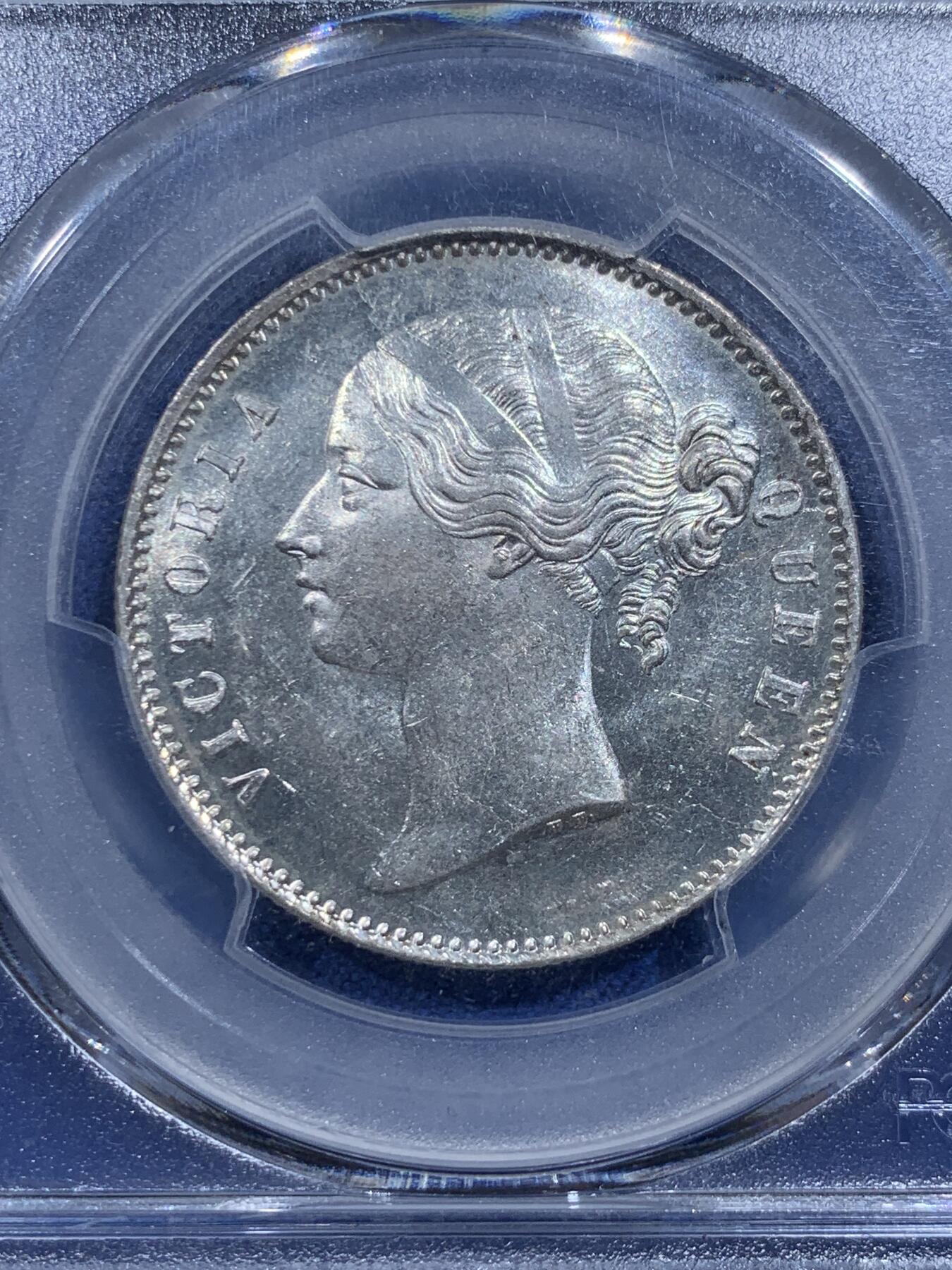 《竞宝斋》第419场 周日，周一，2场连拍 （全场包邮） PCGS MS62 英属印度1840双辨年轻维多利亚女王一卢比 感觉低评了 光感不错