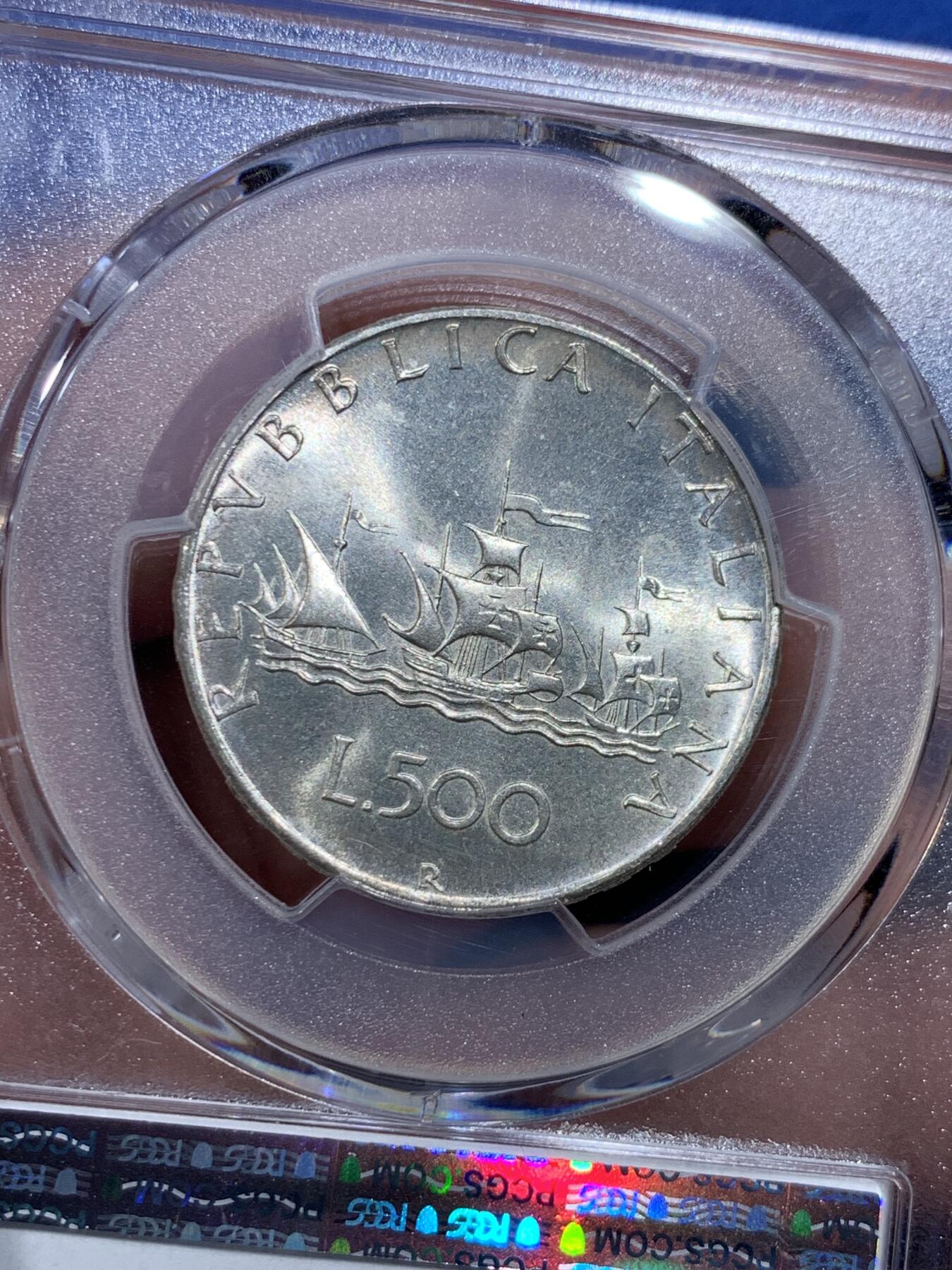 《竞宝斋》第419场 周日，周一，2场连拍 （全场包邮） PCGS MS67 意大利500里拉银币 1970哥伦布文艺复兴少女 卷拆车轮光高分！