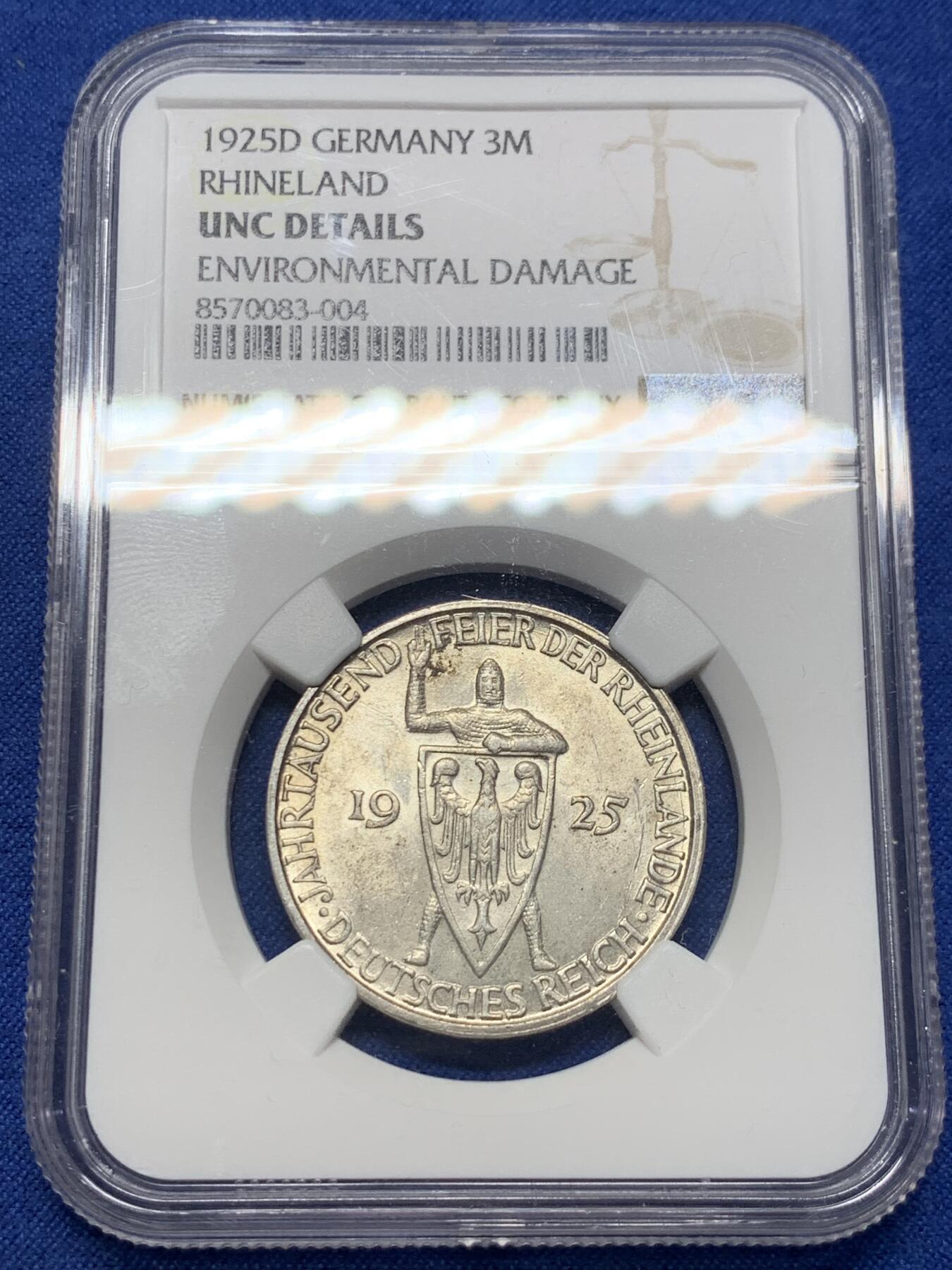 《竞宝斋》第419场 周日，周一，2场连拍 （全场包邮） NGC UNCD 德国 1925年 莱茵 3马克 银币