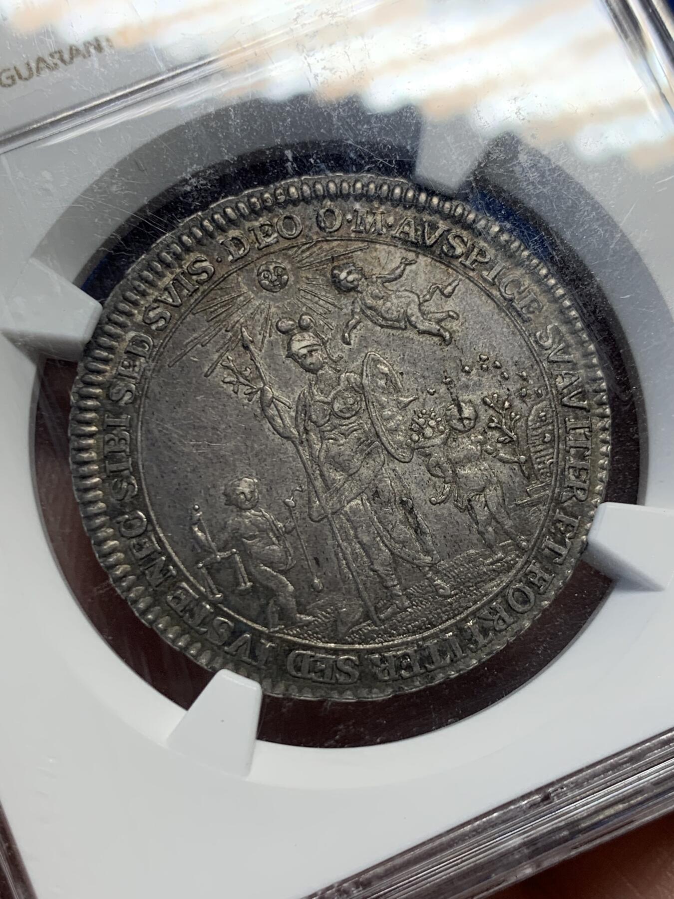 《竞宝斋》第419场 周日，周一，2场连拍 （全场包邮） NGC MS61 德国1770年施佩尔主教区雅典娜与天使1/2泰勒一年型，压铸细节出色，巴洛克风格泰勒，发行量仅5000枚