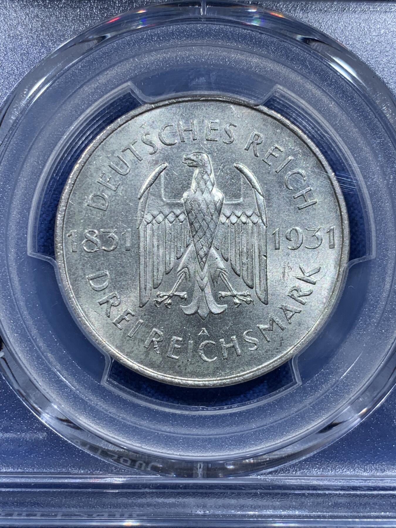 《竞宝斋》第419场 周日，周一，2场连拍 （全场包邮） PCGS MS64 德国1931年海因里希·冯·斯坦逝世100周年3马克银币