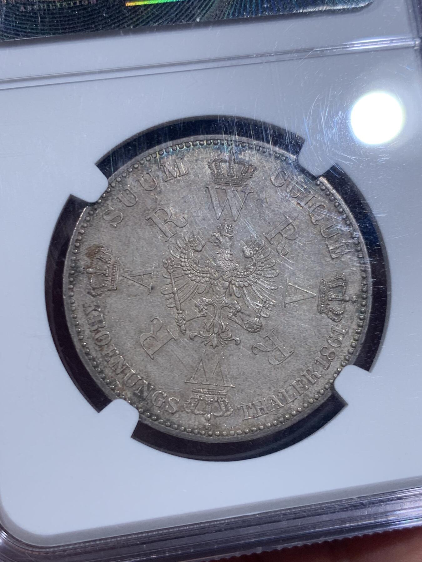 《竞宝斋》第419场 周日，周一，2场连拍 （全场包邮） NGC MS63 德国1861年普鲁士毛衣泰勒银币 状态极美