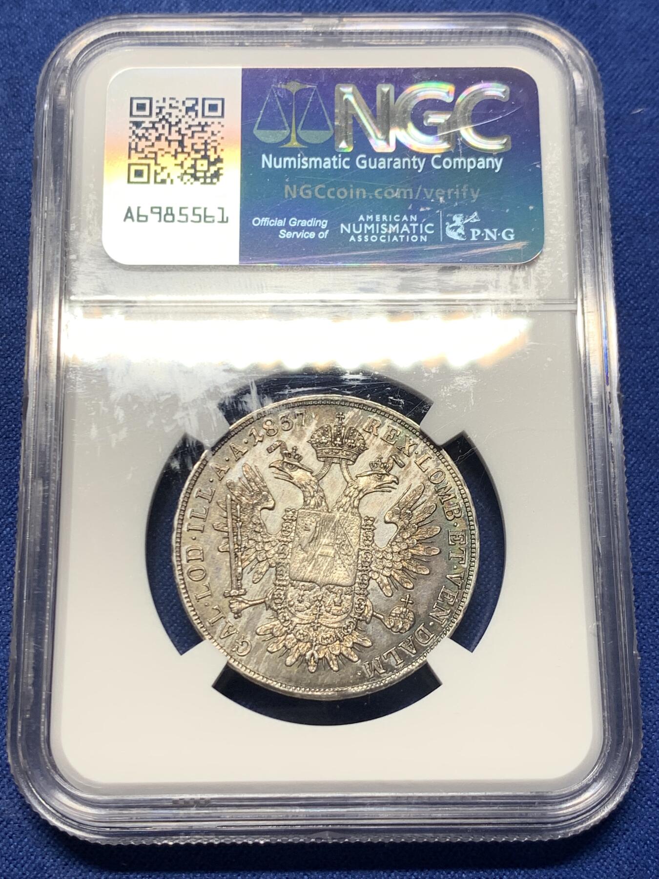 《竞宝斋》第419场 周日，周一，2场连拍 （全场包邮） 唯一冠军分 NGC MS62 奥地利帝国 1837年  斐迪南一世 1/2泰勒银币 也是唯一的入盒记录 费超稀少的品种