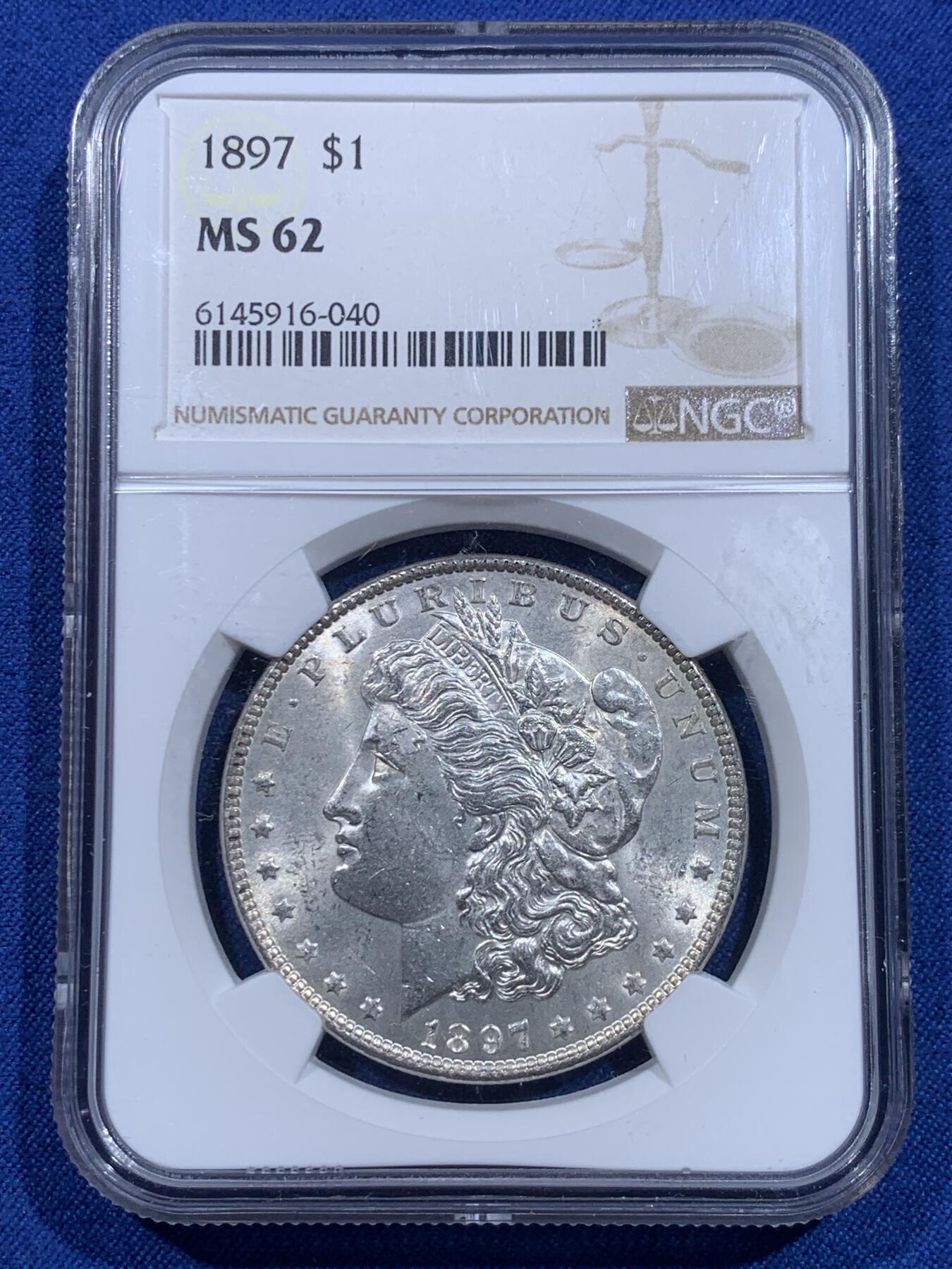 《竞宝斋》第419场 周日，周一，2场连拍 （全场包邮） NGC MS62 美国1897年摩根1美元银币