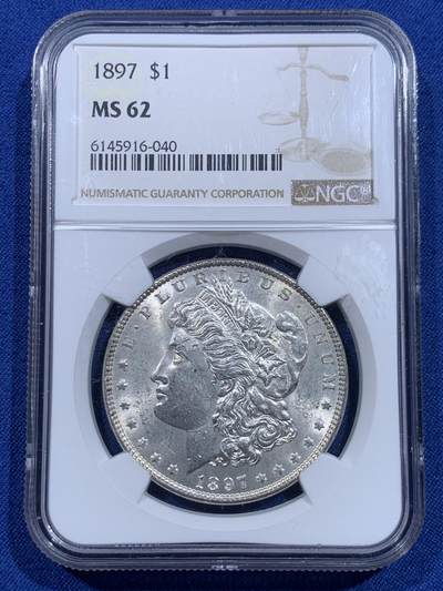 《竞宝斋》第419场 周日，周一，2场连拍 （全场包邮） - NGC MS62 美国1897年摩根1美元银币