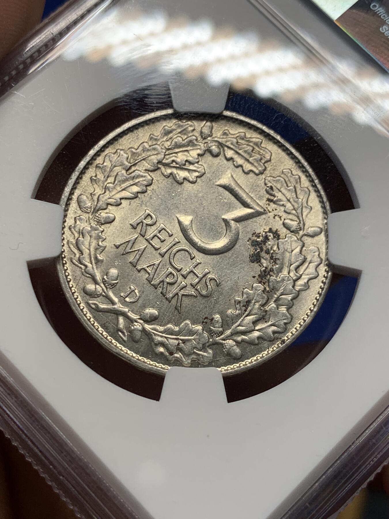 《竞宝斋》第419场 周日，周一，2场连拍 （全场包邮） NGC UNCD 德国 1925年 莱茵 3马克 银币