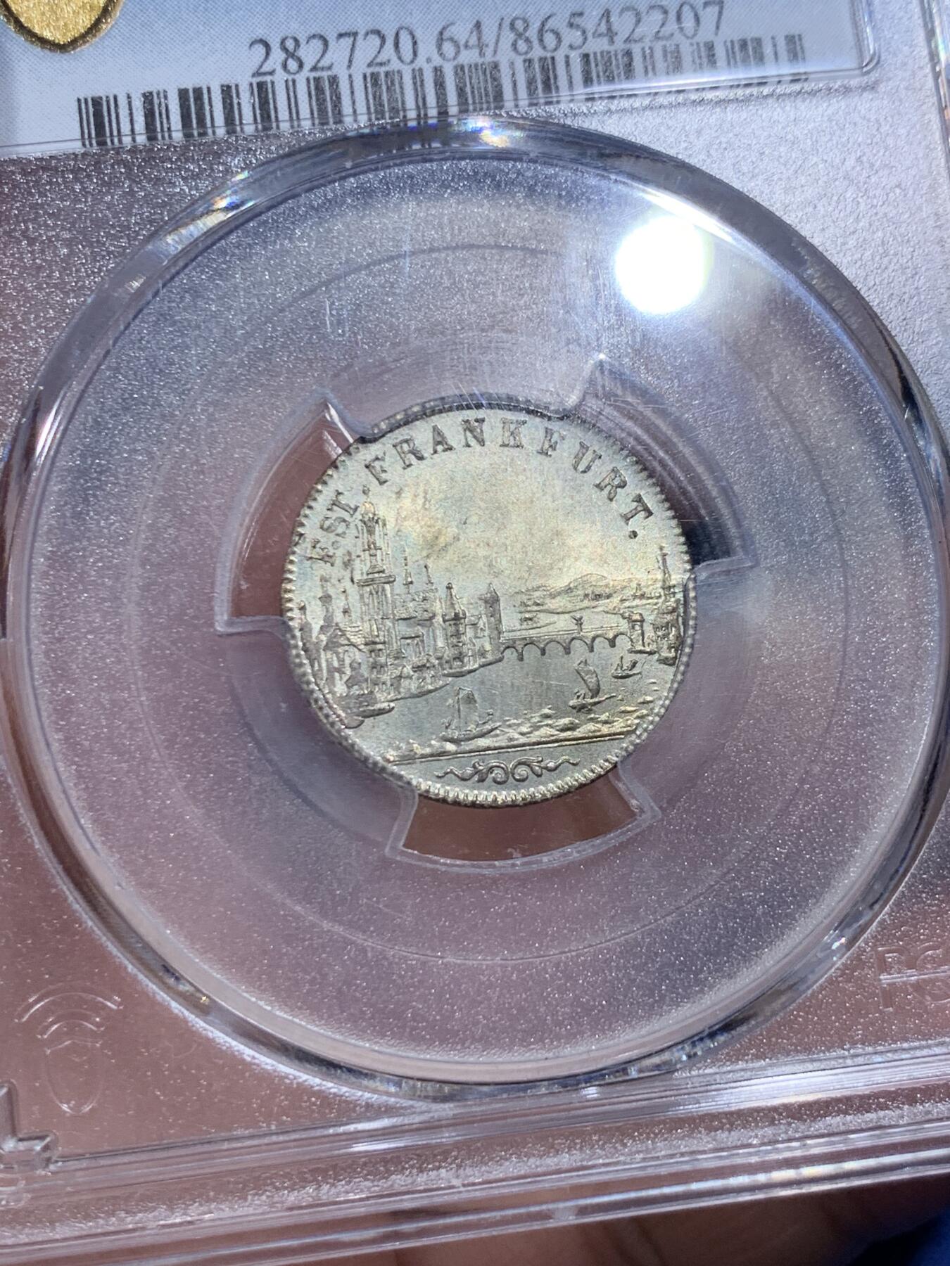 《竞宝斋》第419场 周日，周一，2场连拍 （全场包邮） PCGS MS64 德国 1853年 法兰克福6克鲁泽景观银币 币面非常漂亮