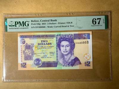 【礼羽收藏】🌏世界钱币拍卖第111期 - 【DV880868】全新UNC 2021年伯利兹2面值纸币 女王钞 无3457尾868 圆圆倒置号 PMG67 高分靓号
