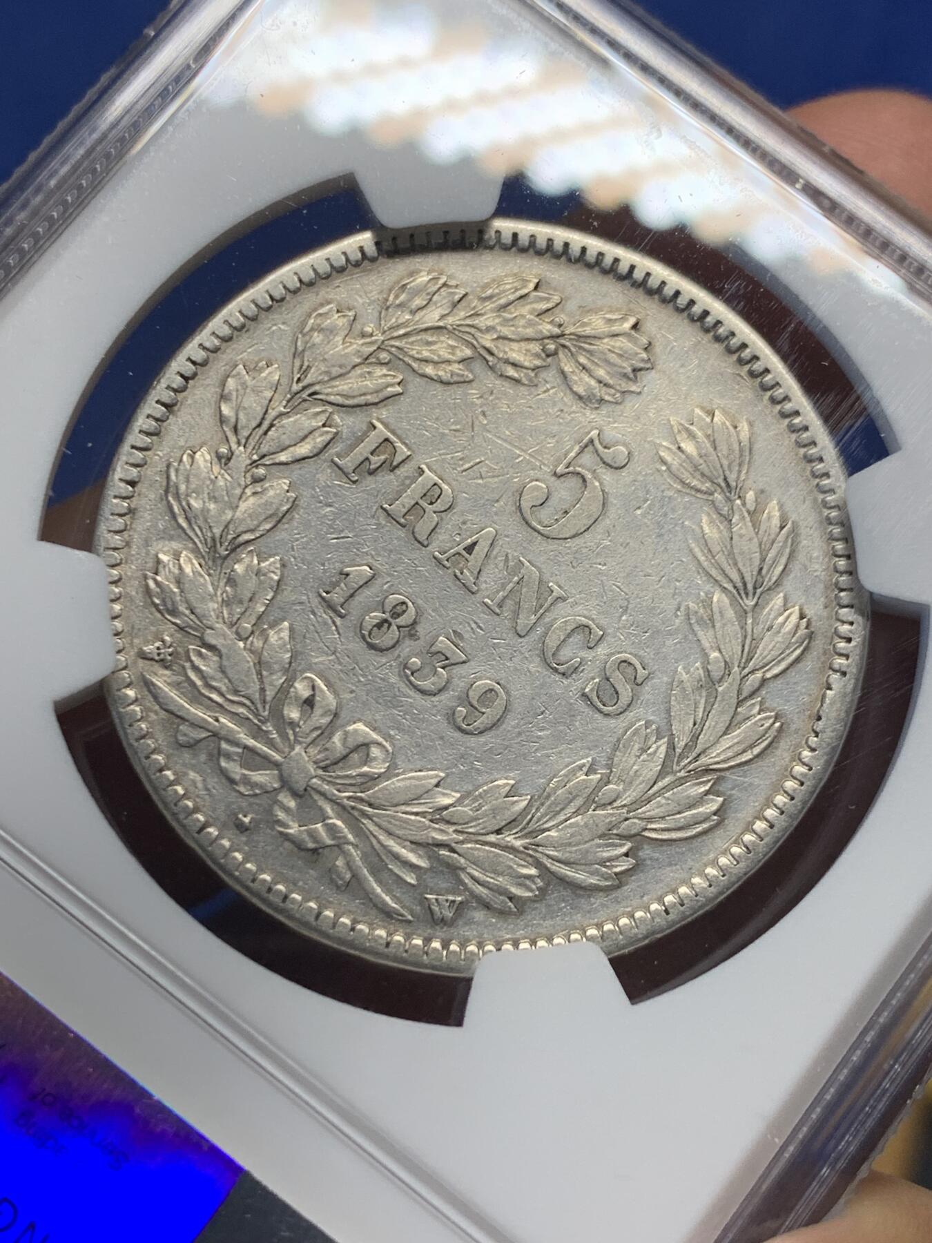 《竞宝斋》第419场 周日，周一，2场连拍 （全场包邮） NGC XF 法国1839年菲利普一世5法郎大银币
