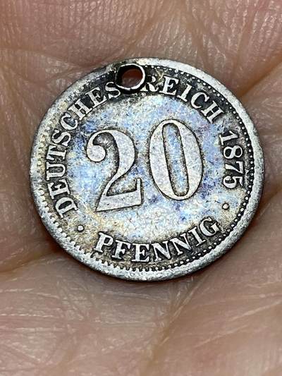 2025年第九十一场(总第一百一十七场）外国好品散币(免佣金) - 打孔–德意志帝国1875年20芬尼银币(威廉一世时期第一版，D标慕尼黑造，900高银)