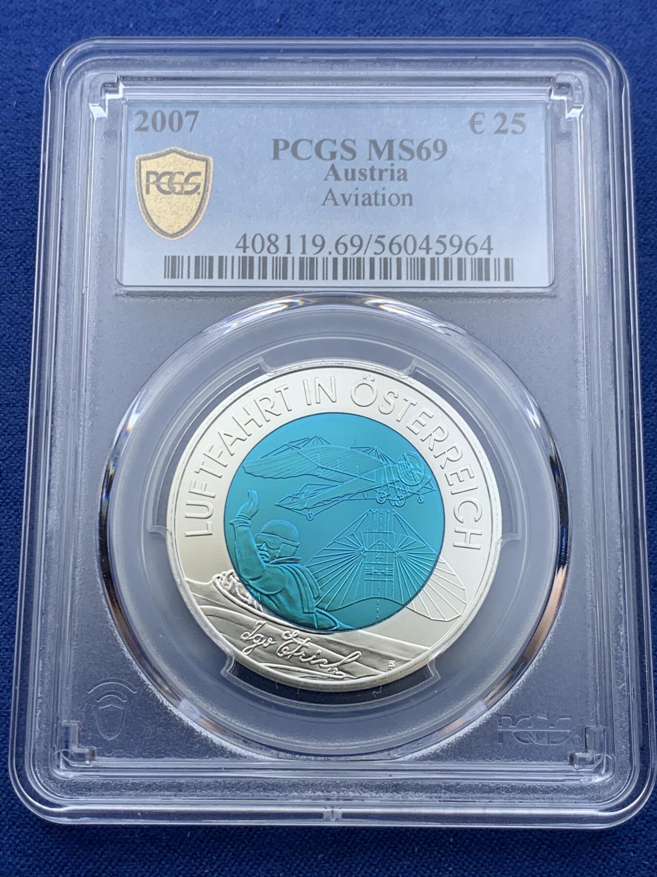 《竞宝斋》第419场 周日，周一，2场连拍 （全场包邮） PCGS MS69 2007年奥地利航海双金属币 中心铌 环900银 16.5克 34毫米