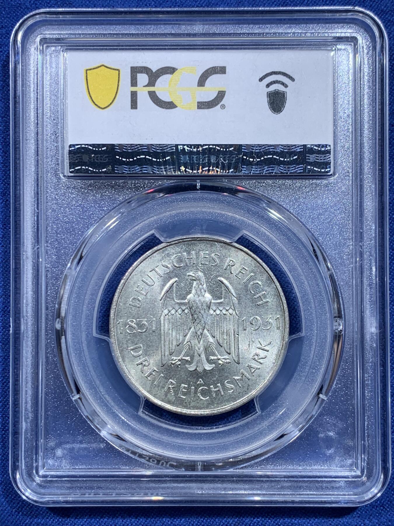 《竞宝斋》第419场 周日，周一，2场连拍 （全场包邮） PCGS MS64 德国1931年海因里希·冯·斯坦逝世100周年3马克银币