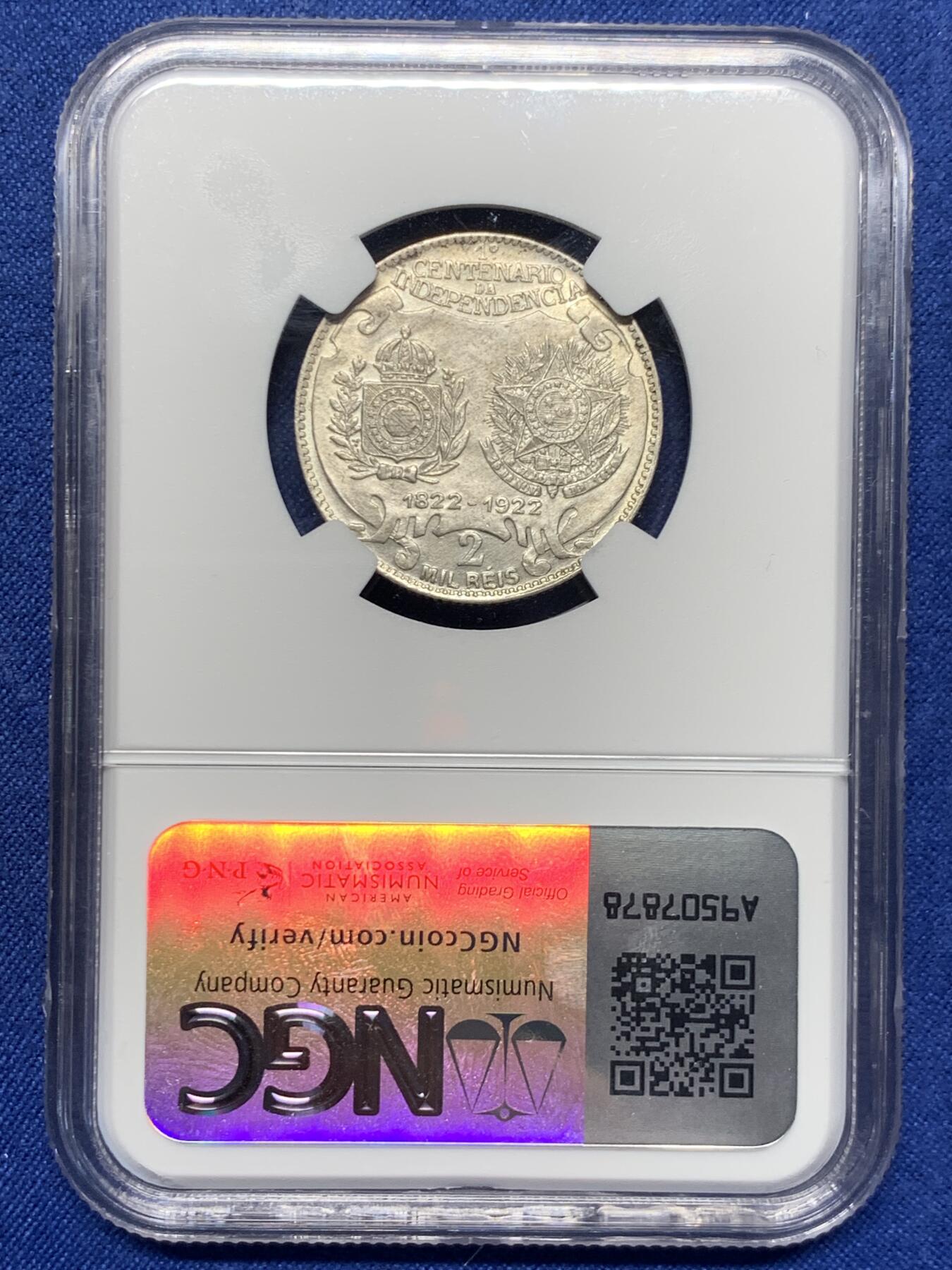 《竞宝斋》第419场 周日，周一，2场连拍 （全场包邮） NGC UNC 巴西1922年建国百年纪念2000R银币
