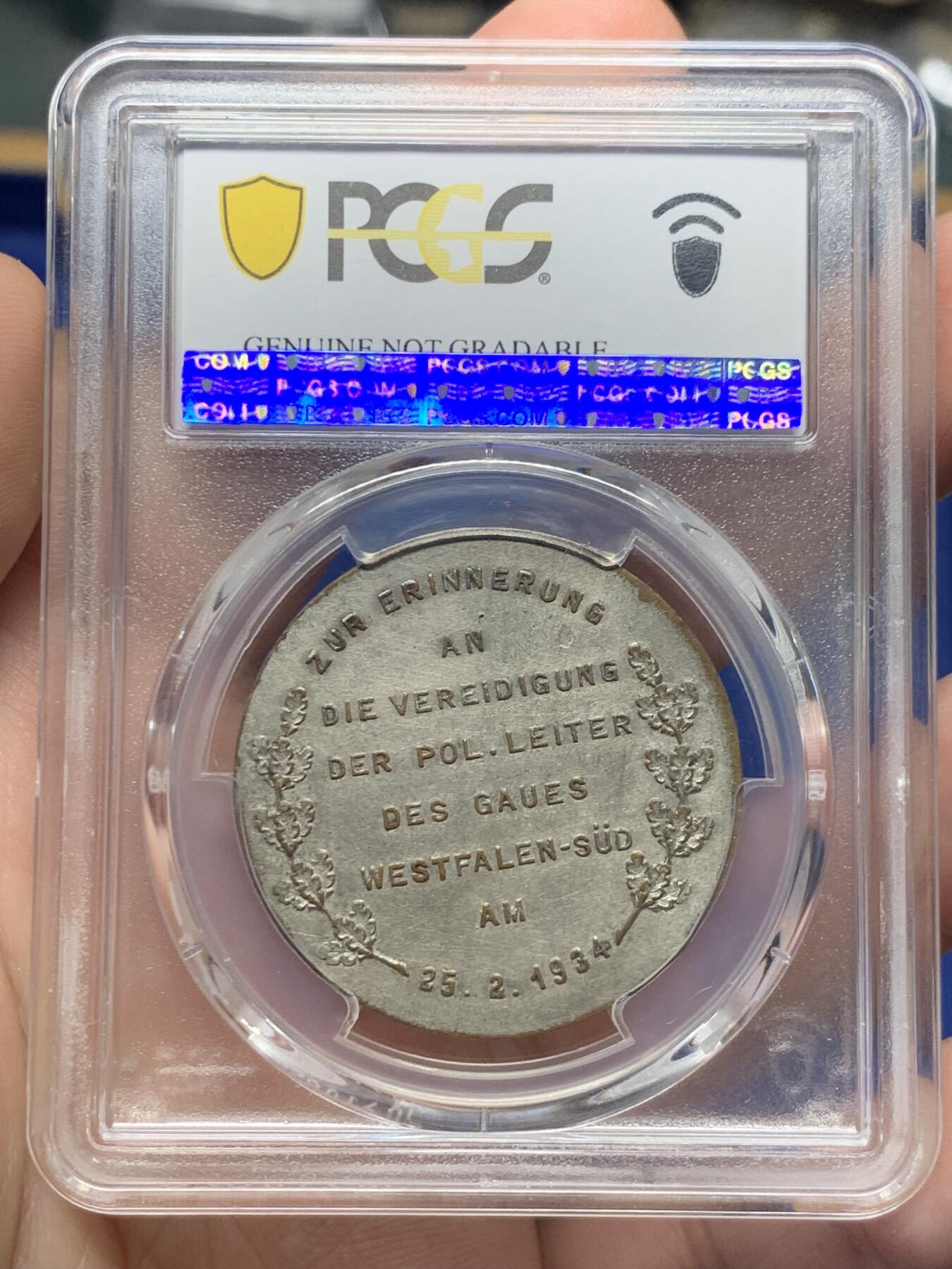《竞宝斋》第419场 周日，周一，2场连拍 （全场包邮） PCGS UNC 德国1934年落榜美术生就职镀银纪念章