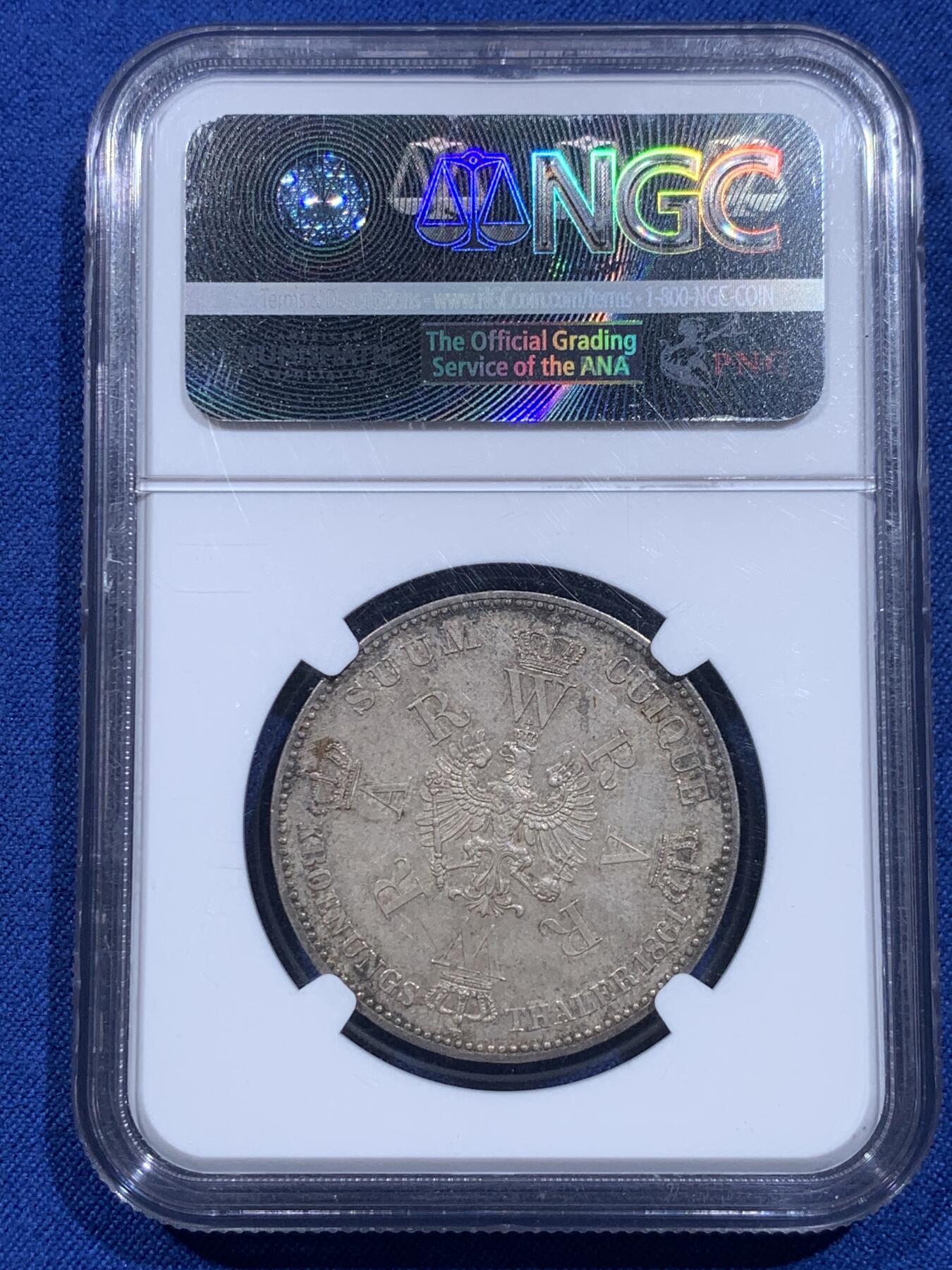 《竞宝斋》第419场 周日，周一，2场连拍 （全场包邮） NGC MS63 德国1861年普鲁士毛衣泰勒银币 状态极美
