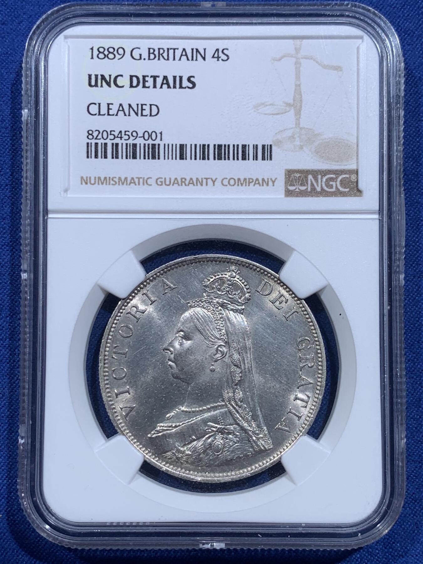 《竞宝斋》第419场 周日，周一，2场连拍 （全场包邮） NGC UNC 英国1889年维多利亚高冠双弗洛林 比1887少见很多 底板干净车轮转光 高点细节状态极佳 没分太可惜了