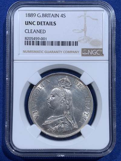 《竞宝斋》第419场 周日，周一，2场连拍 （全场包邮） - NGC UNC 英国1889年维多利亚高冠双弗洛林 比1887少见很多 底板干净车轮转光 高点细节状态极佳 没分太可惜了