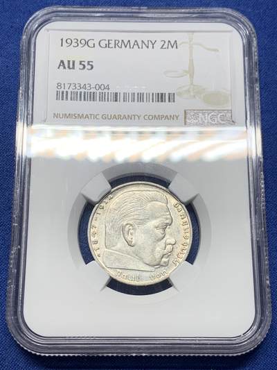 《竞宝斋》第419场 周日，周一，2场连拍 （全场包邮） - NGC AU55 德国1939年帝国2马克银币 少见G厂