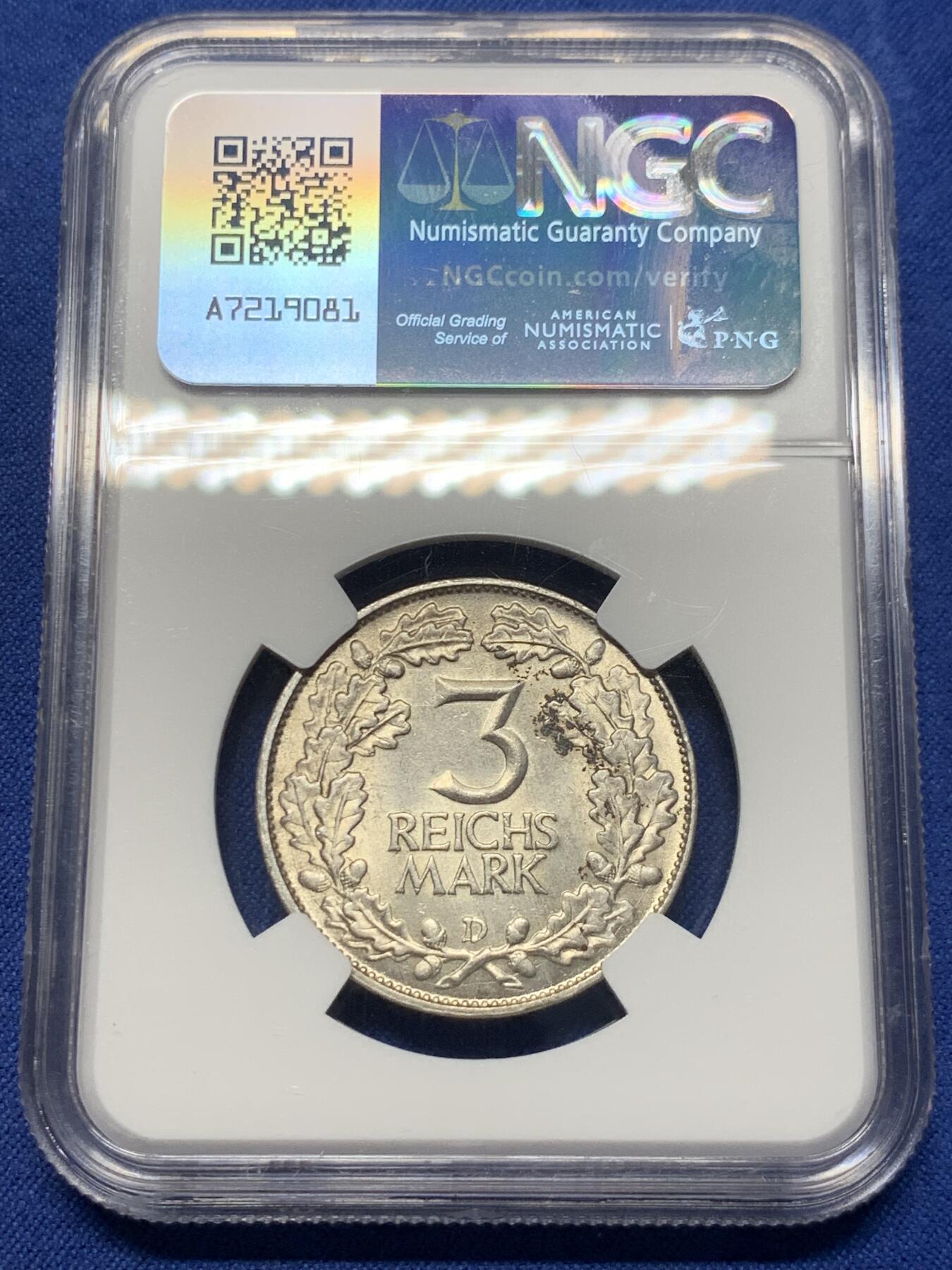 《竞宝斋》第419场 周日，周一，2场连拍 （全场包邮） NGC UNCD 德国 1925年 莱茵 3马克 银币